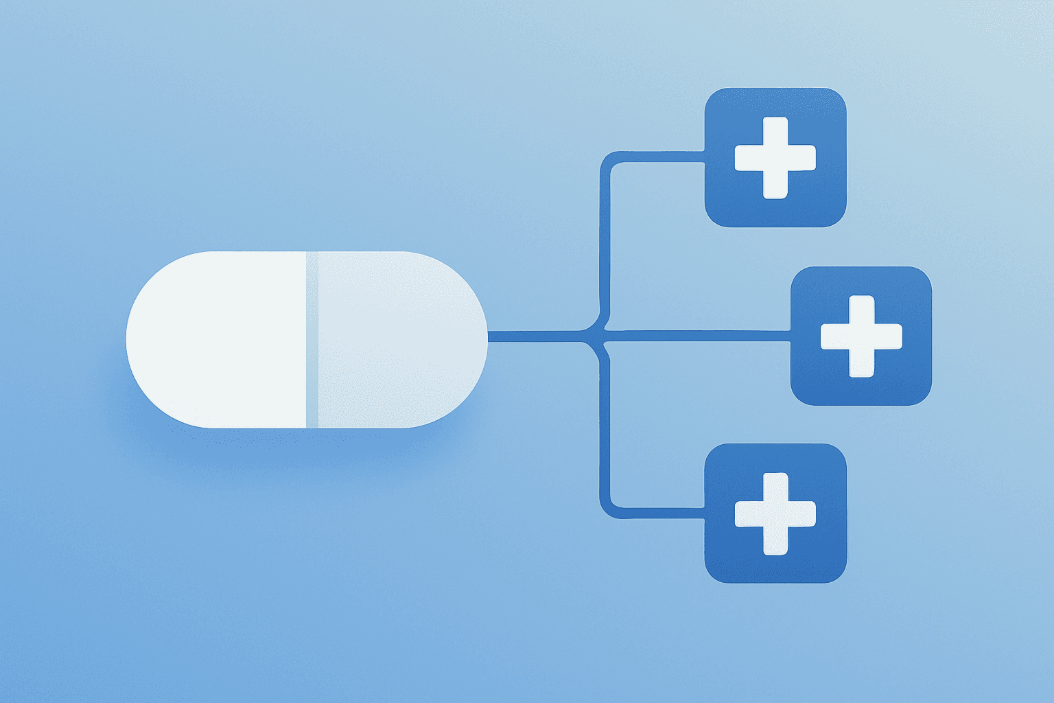 Flat vector cover of a pill tablet merging with a pharmacy to symbolize Novo Nordisk Wegovy pill rollout.