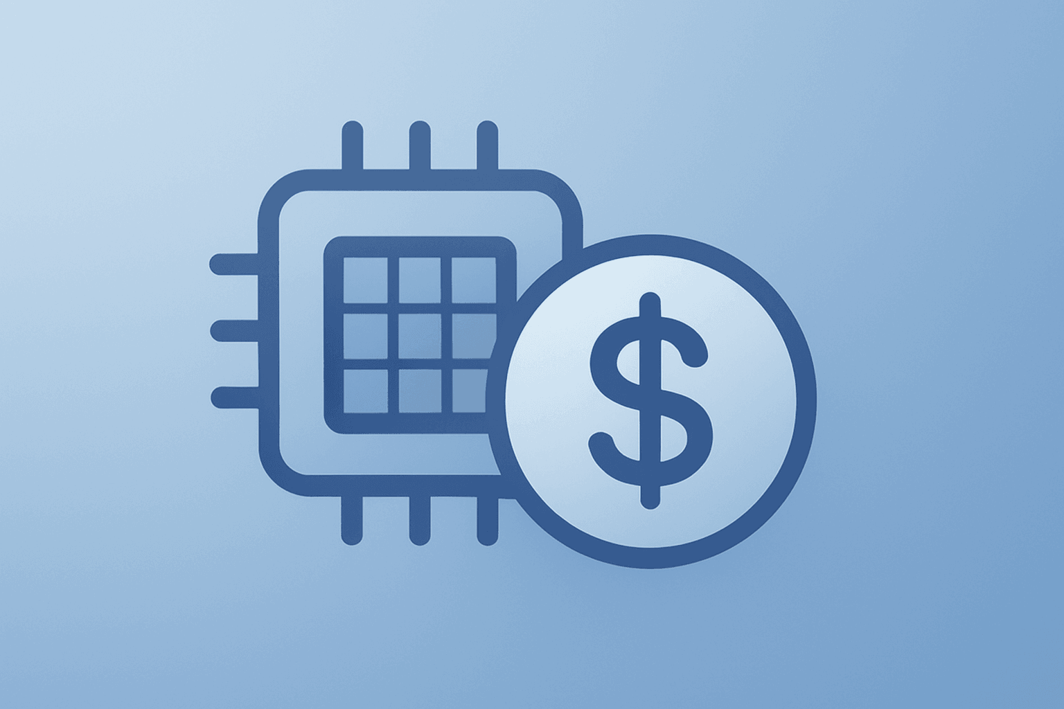 Flat vector of a semiconductor chip fused with a cash token to signal the onsemi Synaptics deal switching to $123 per share.