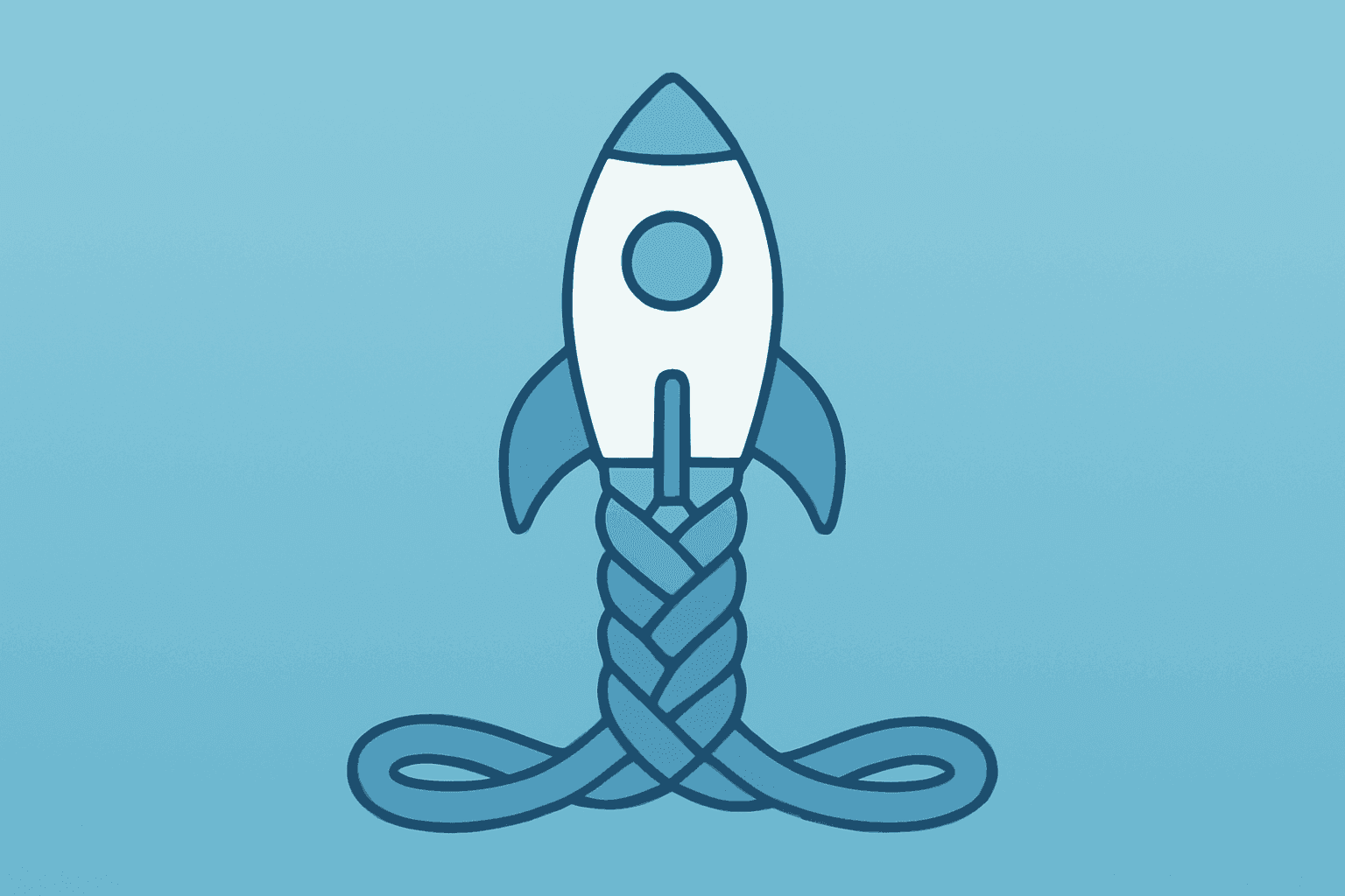 Flat-vector of a rocket held by a braided tether to symbolize SpaceX stock cautious ascent on emerald-pearl gradient.