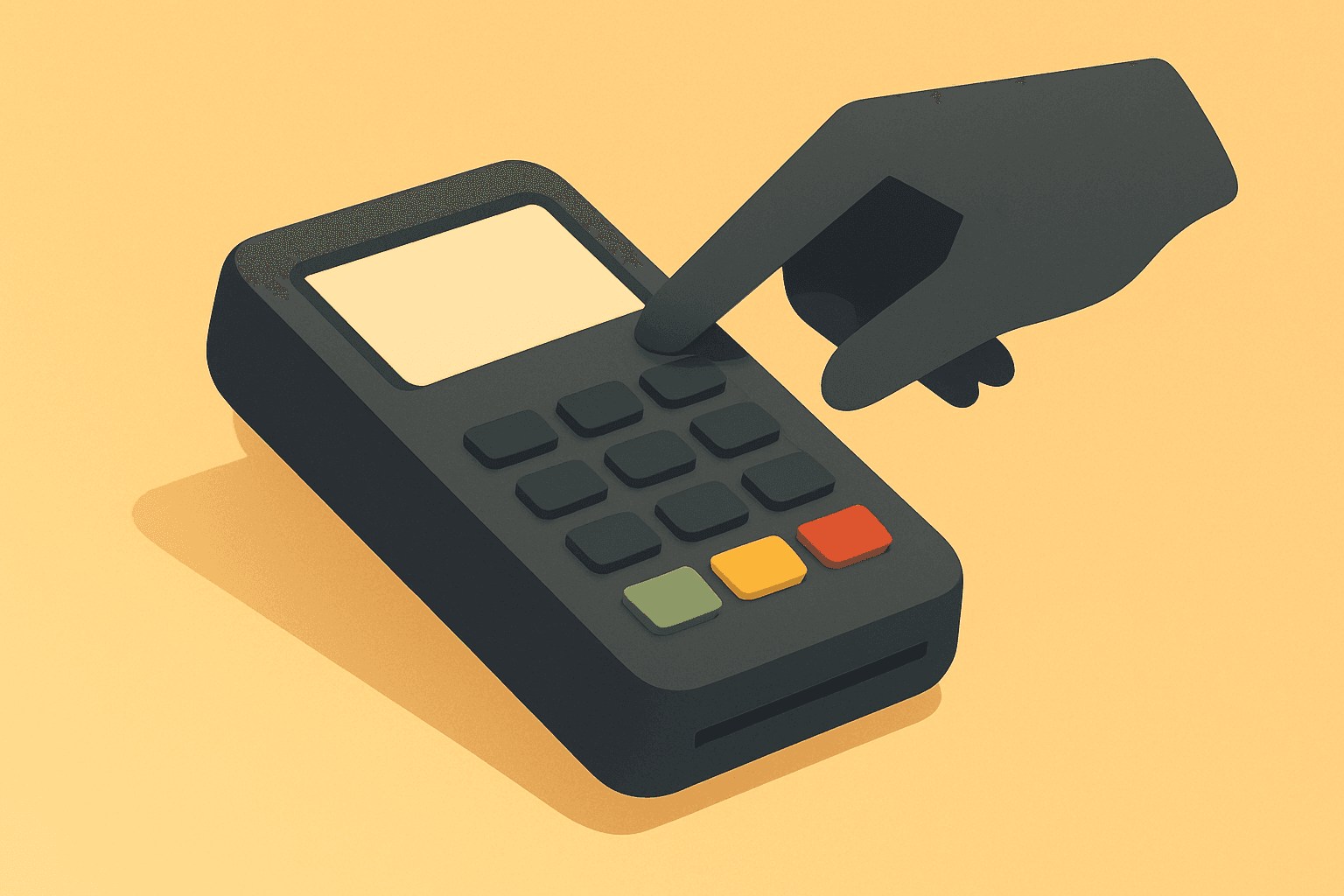 Flat vector of a bill-pay terminal merging with a tilted boardroom ledger to evoke BILL Holdings sale review.