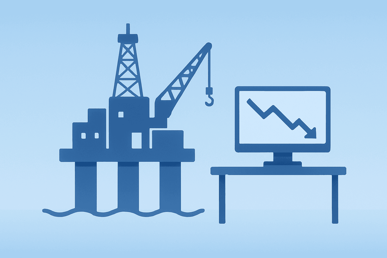 Flat vector cover of an offshore oil rig merged with a trading desk to illustrate US stocks slide and market volatility.