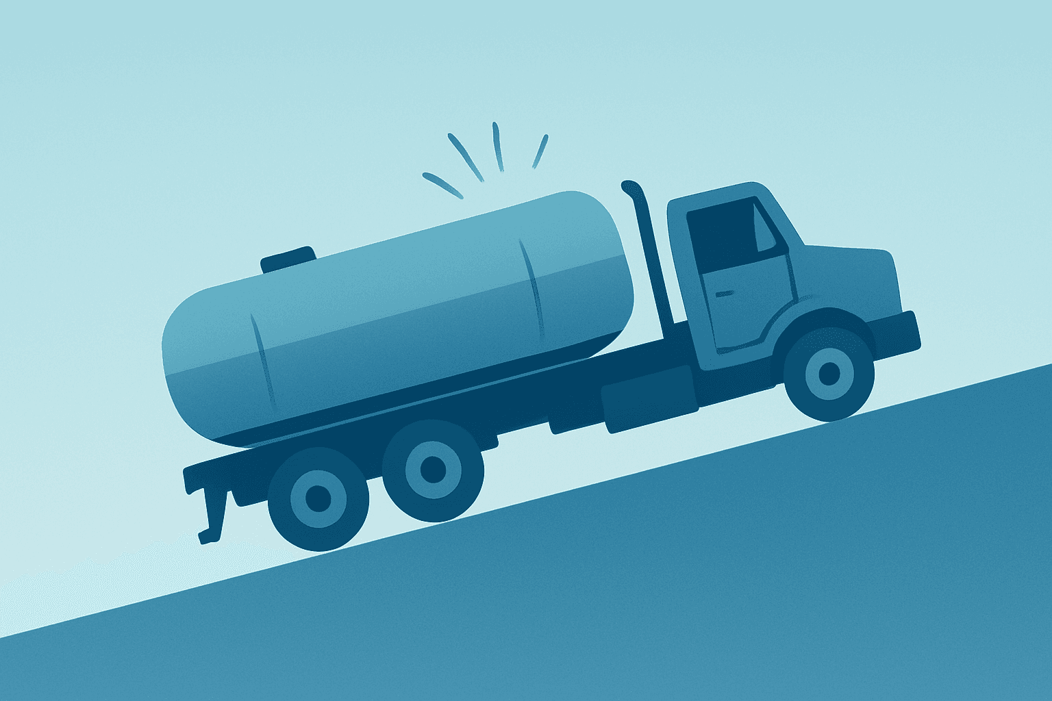 Flat filled vector of a jet fuel tanker truck under strain symbolizing airline stocks hit by an oil-price spike.