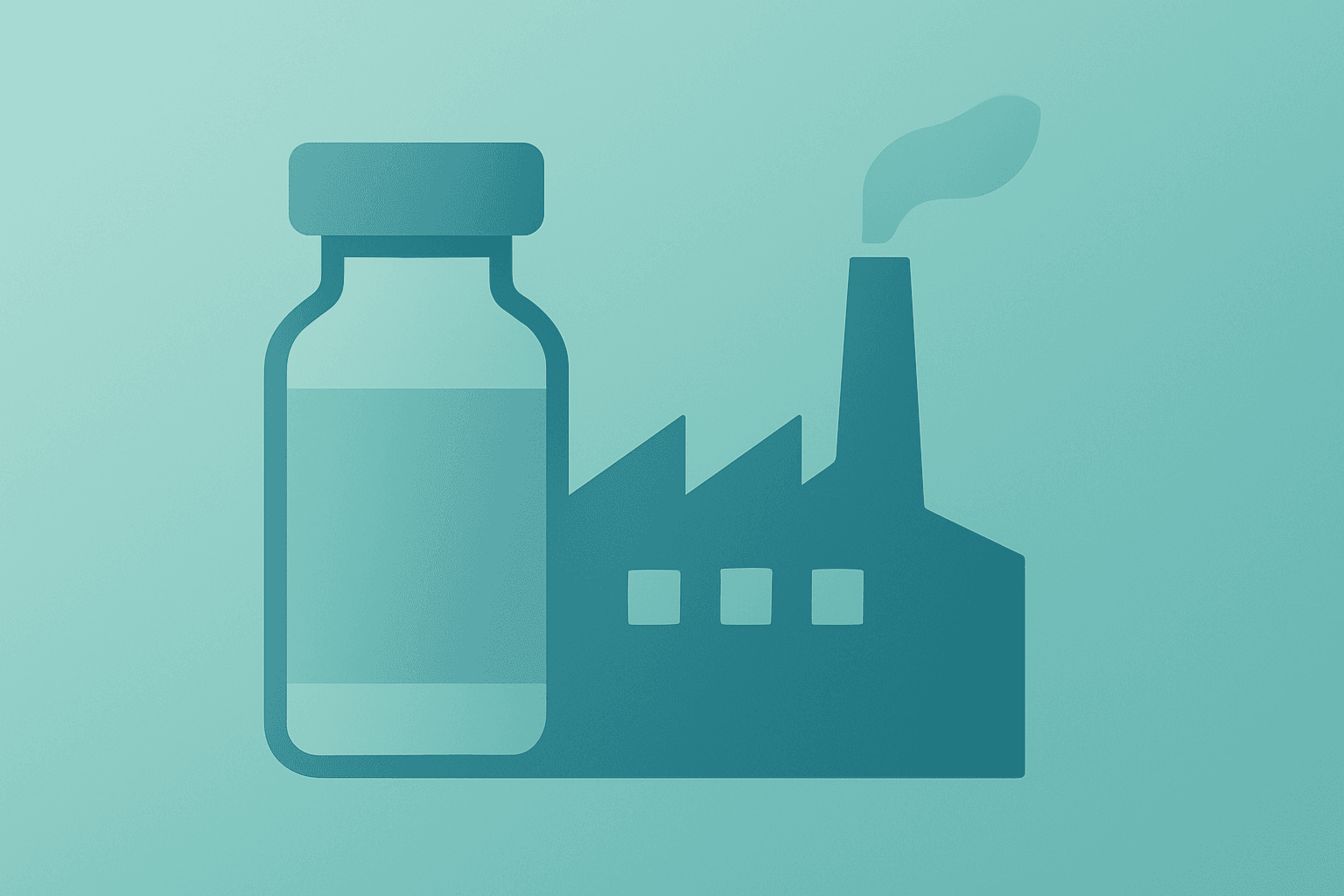 Flat filled vector of a medicine vial fused with a factory icon to evoke the Eli Lilly Pennsylvania plant expansion.