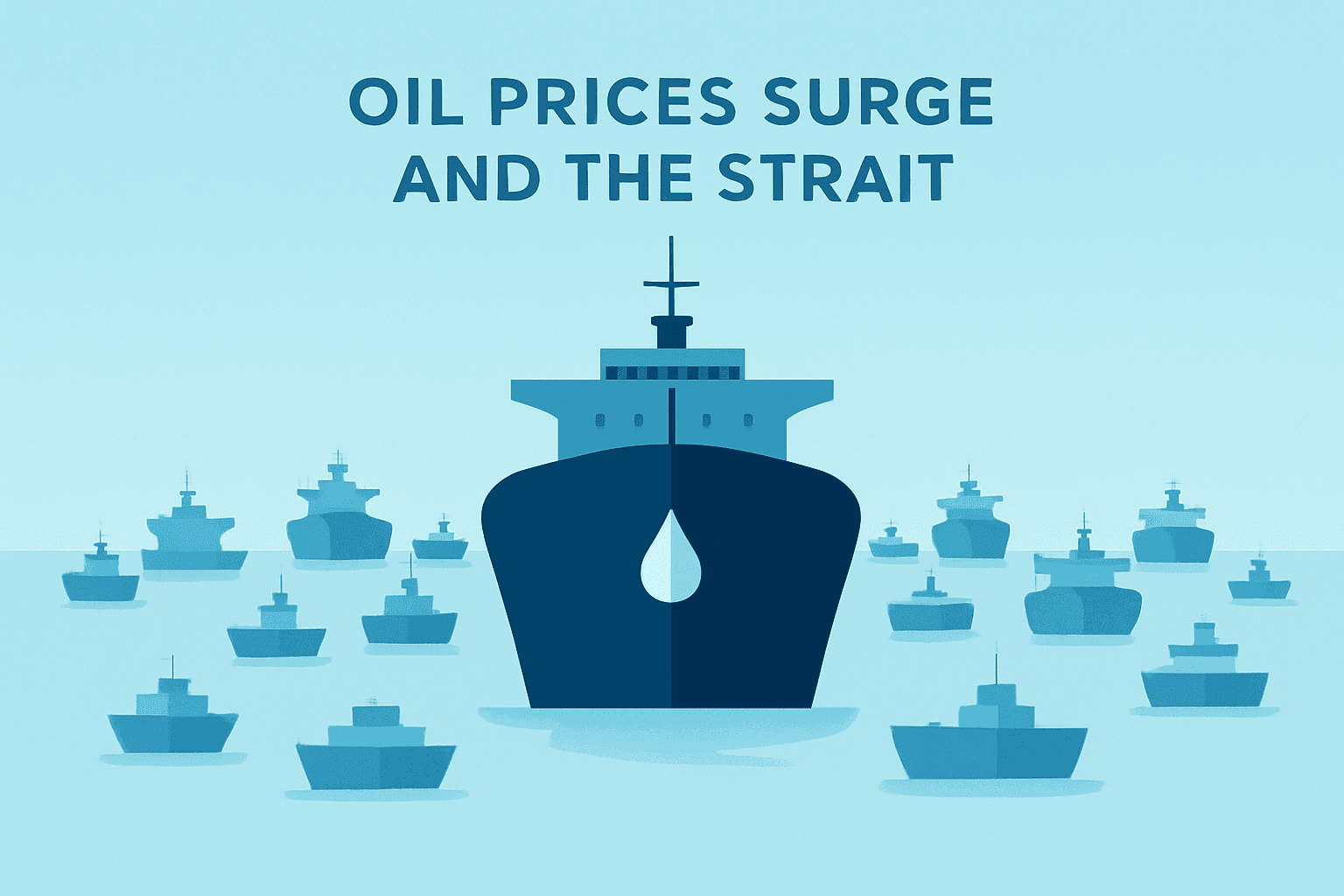Flat vector of a tanker bow stranded amid clustered vessels symbolizing Oil Prices Surge and Strait of Hormuz halt