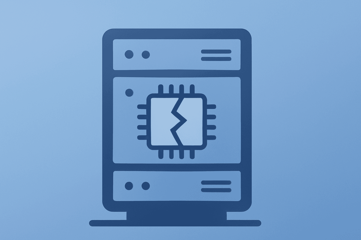 Flat filled vector of a fractured server-chip hybrid symbolizing the AI stock sell-off and Nasdaq-led market rout.