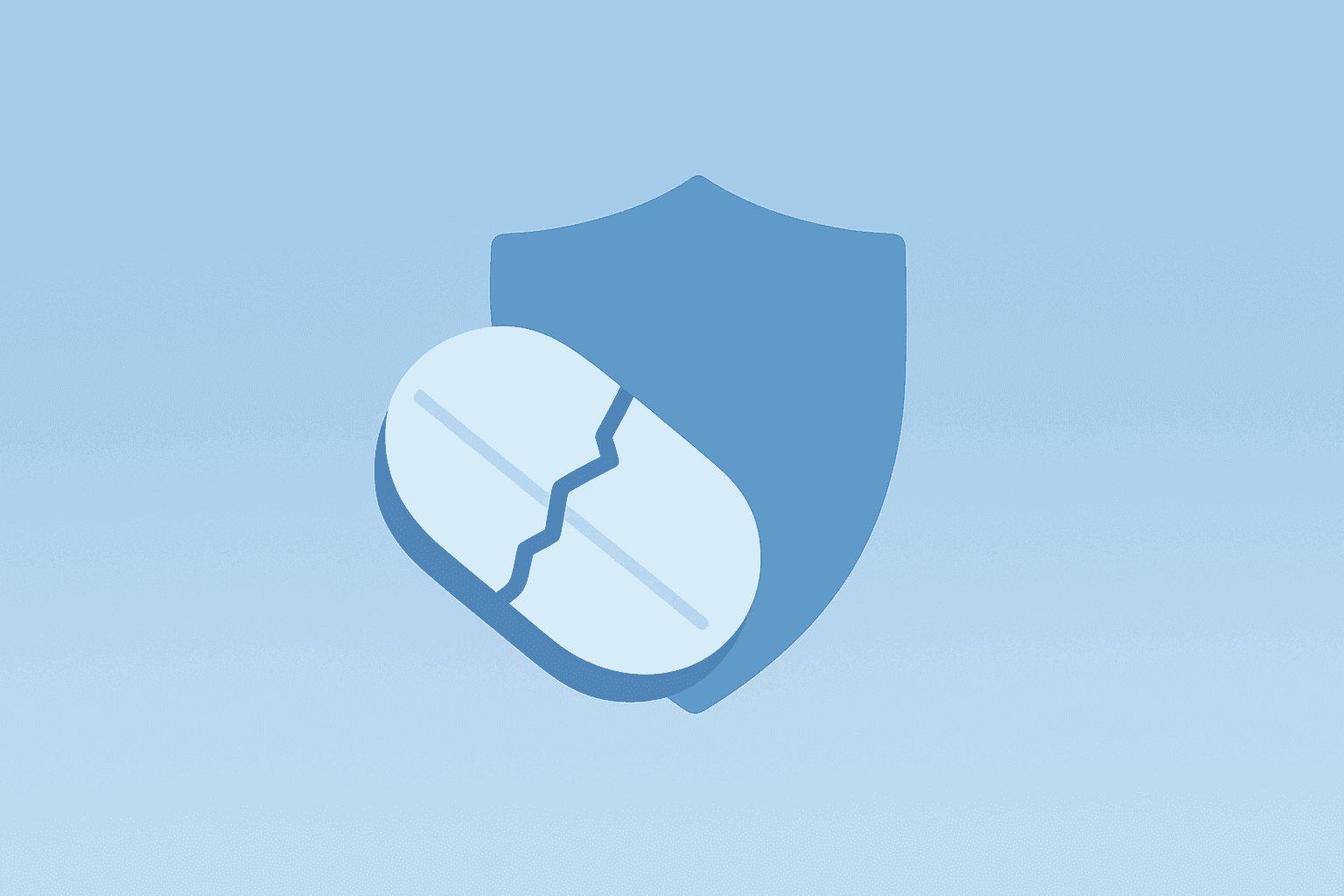 Flat-vector fractured tablet and shield symbolizing AstraZeneca Bristol Myers merger uncertainty and regulatory risk
