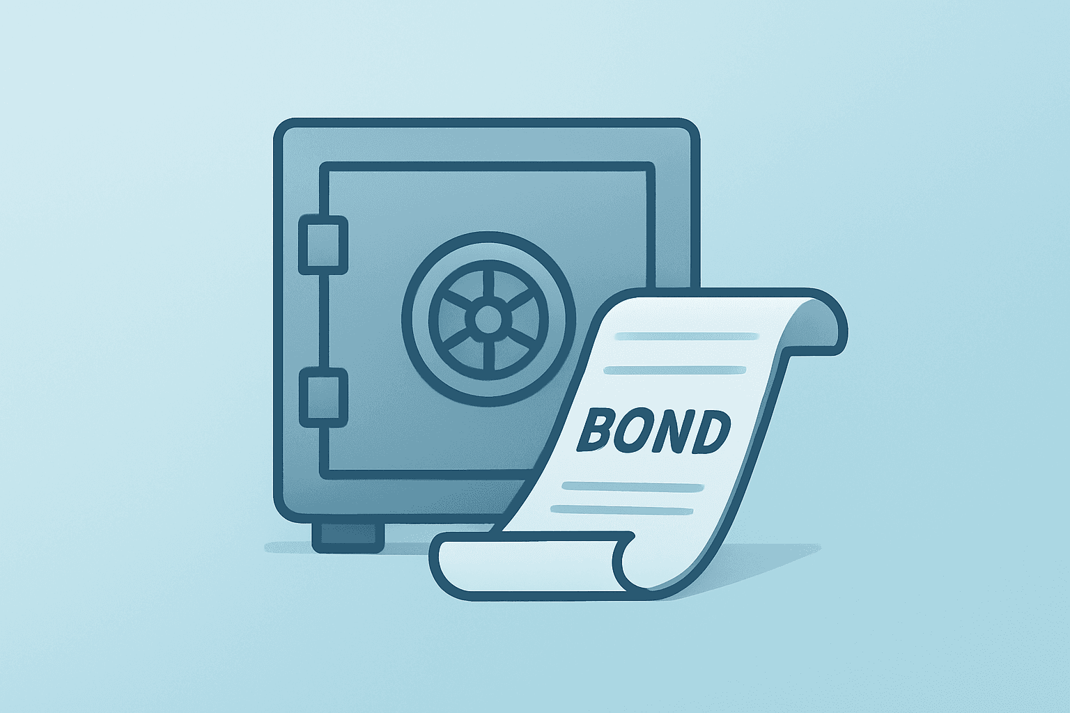 Flat-vector central bank vault anchoring a bond coil against rising yields, evoking Powell inflation expectations.