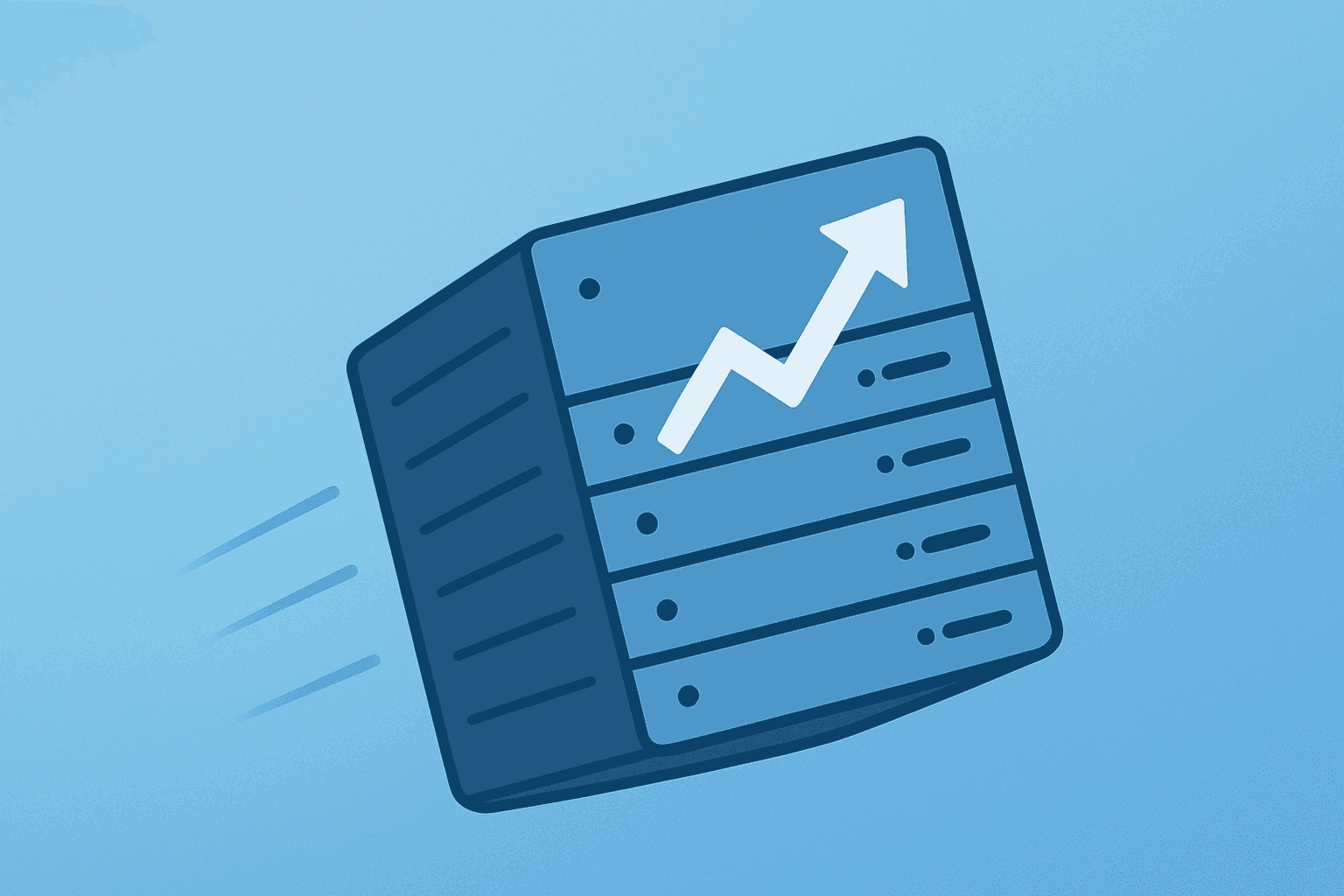 Flat vector of a server module surging forward to symbolize SanDisk Nasdaq-100 inclusion and rising AI data-center demand.