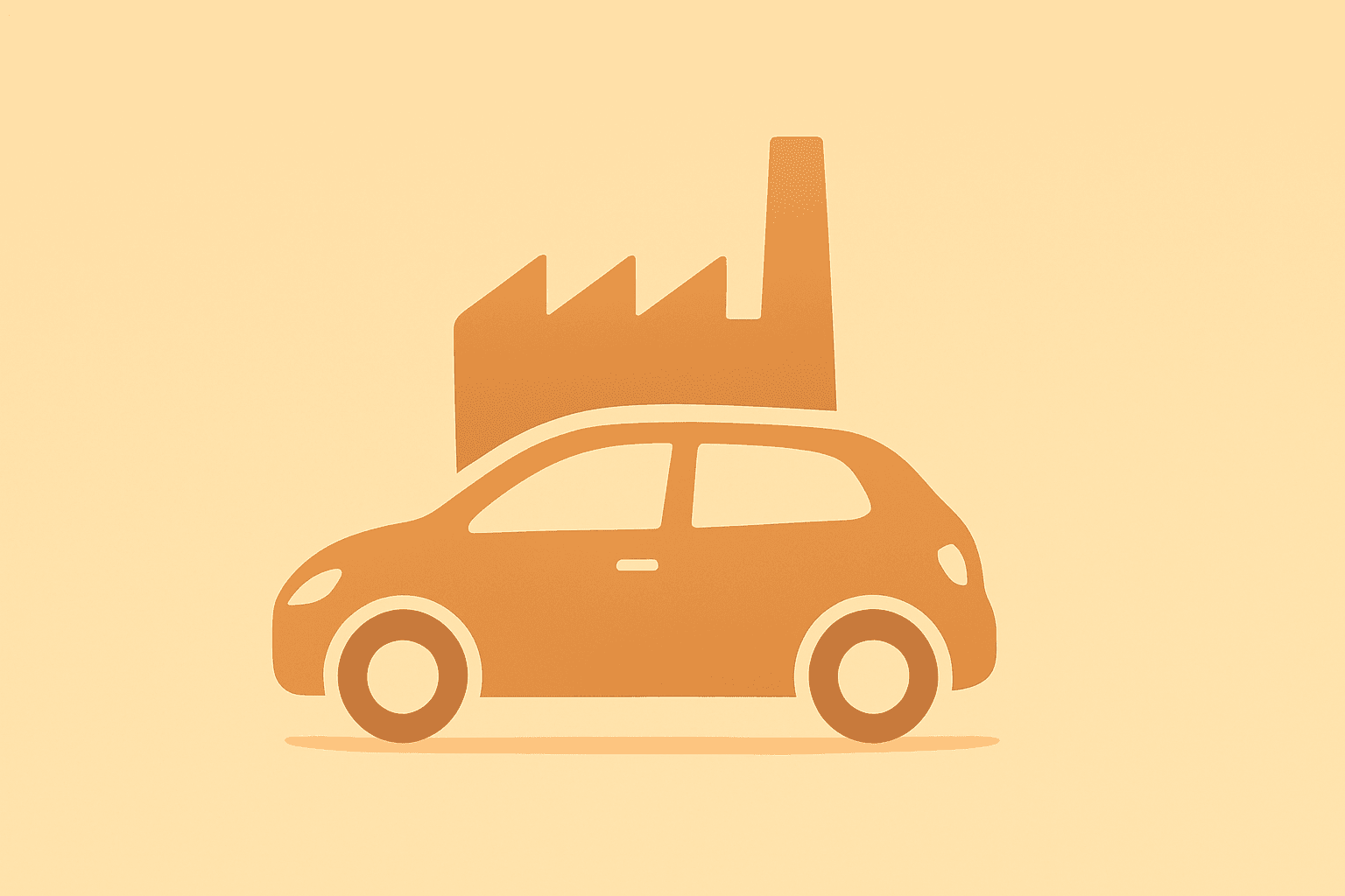 Flat vector of a compact car fused with a factory roof to evoke the Ford Renault EV partnership and industrial scale focus.