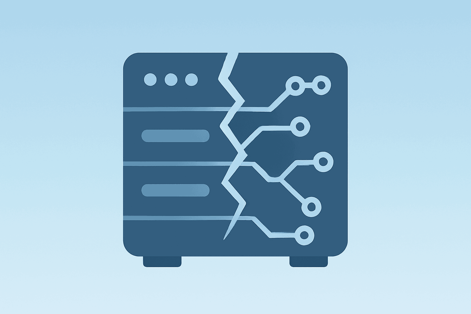 Flat vector server with circuit strands symbolizing Google AI zero-day and elevated cloud software risk.