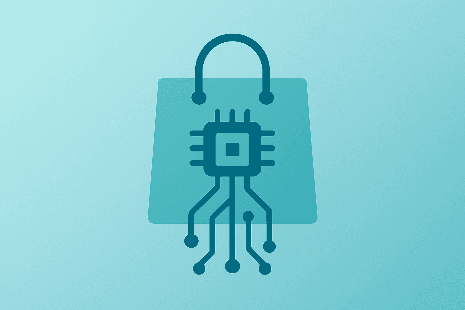 Flat vector of a chip fused with a shopping bag to symbolize Alphabet stock's AI enterprise push and Shopee partnership.