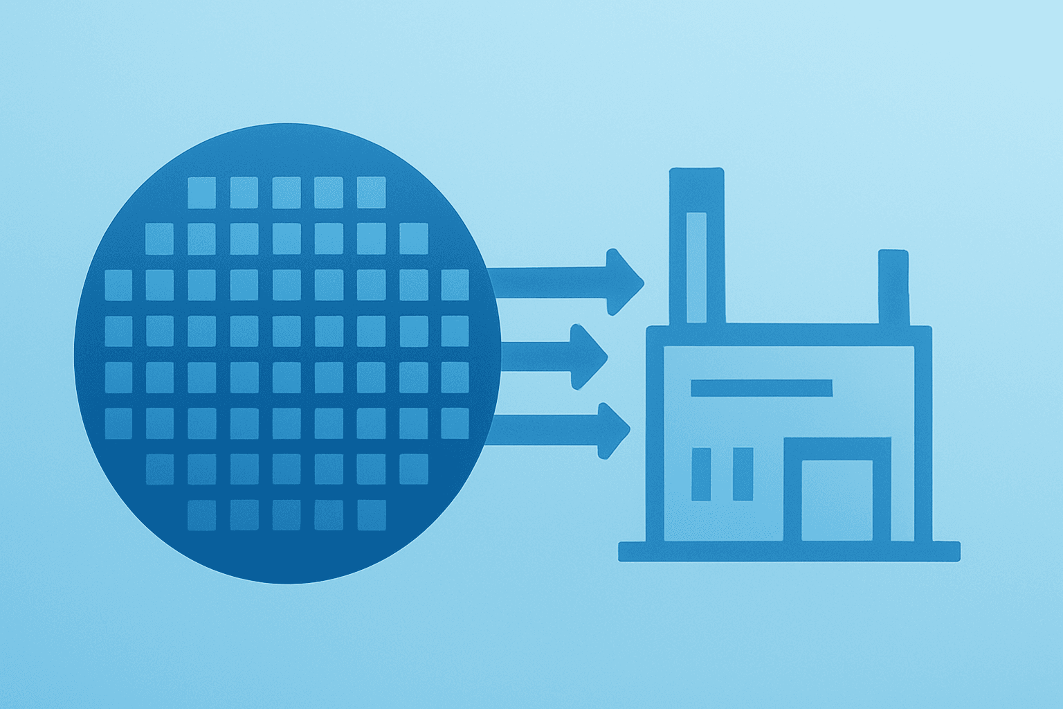 Minimalist flat vector of a photonic chip merging with a fab module to signal QUBT Q3 Results and photonics progress.