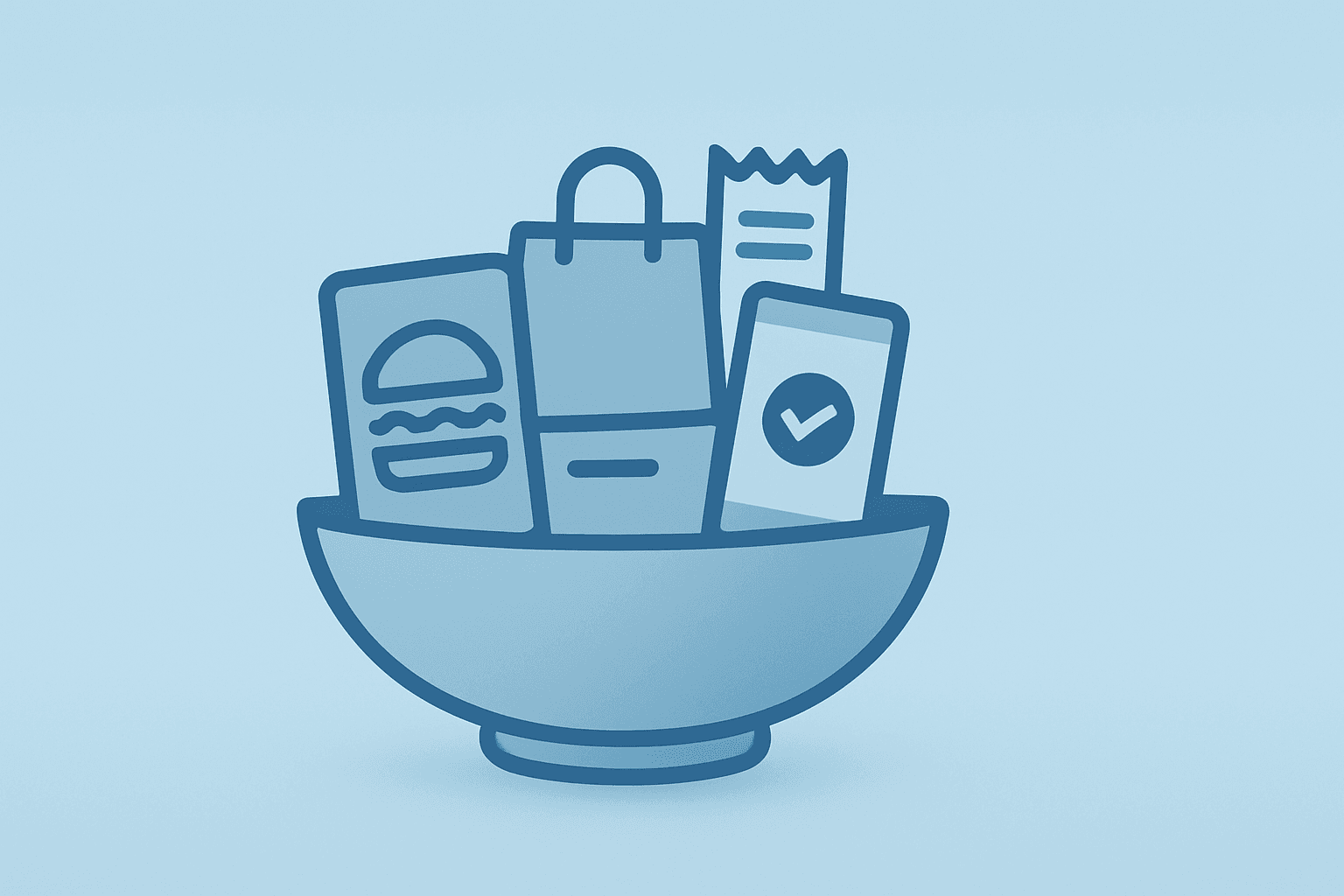 Flat vector serving bowl swelling with digital order icons to symbolize CAVA earnings milestone and expansion plans