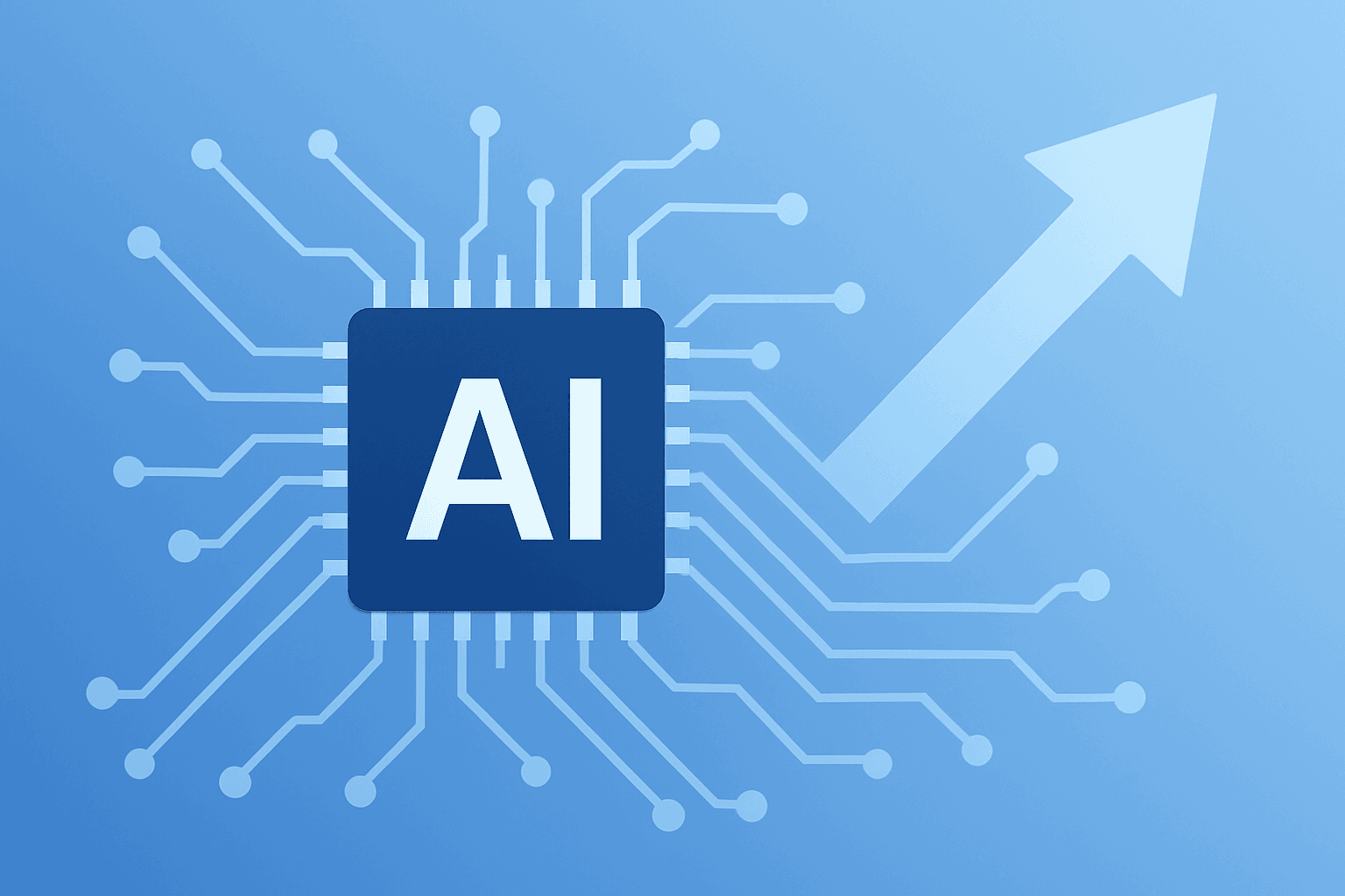 Flat vector of an AI accelerator chip with expanding compute circuits to represent AI stocks rally and a Nasdaq record.