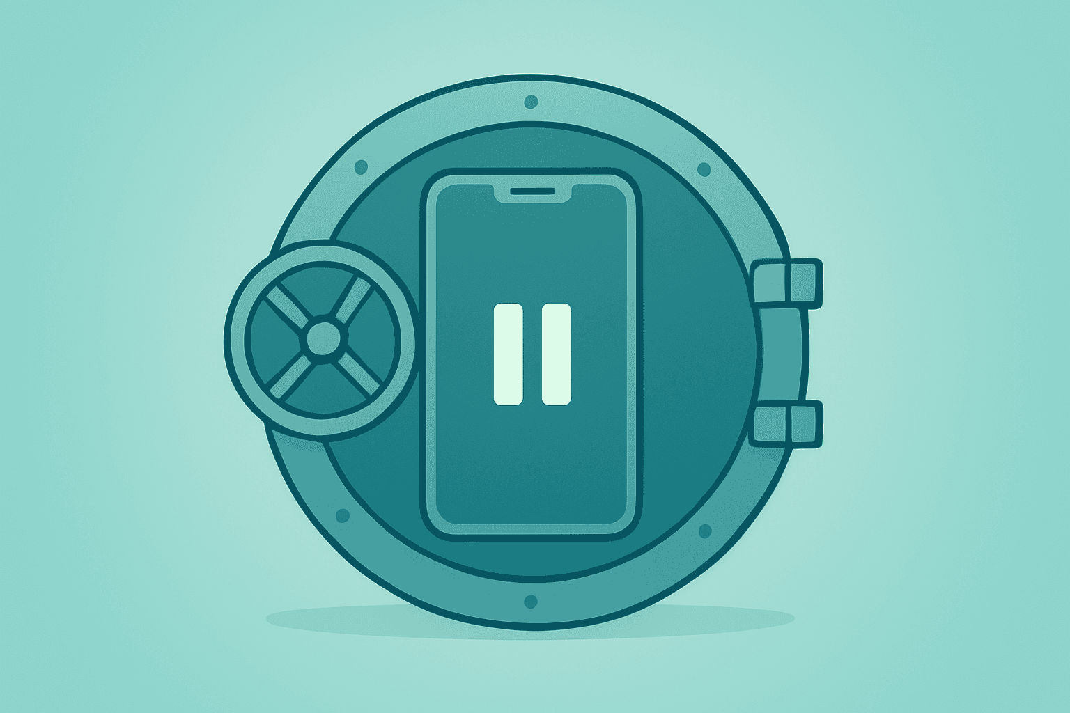 Flat filled vector of a vault-style smartphone paused for conditional re-entry, reflecting Buffett Regrets Selling Apple.