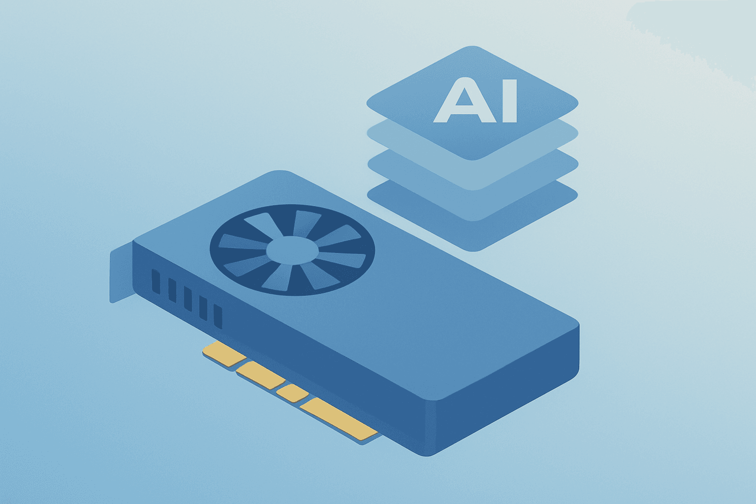 Flat vector of a GPU module with layered software shell representing Nvidia stock's AI-software moat and competition.