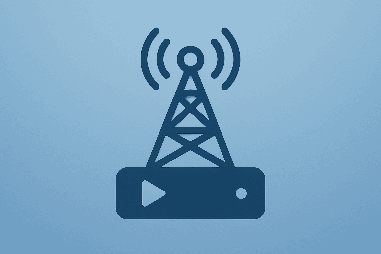 Centered flat vector of television mast fused with streaming hub, symbolizing the ITV sale to Sky and content supply pact.