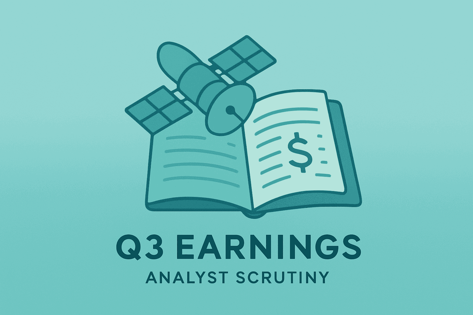 Flat-vector satellite icon merging with a ledger to symbolize SpaceX Q3 earnings and focus on capex and ETF exposure.