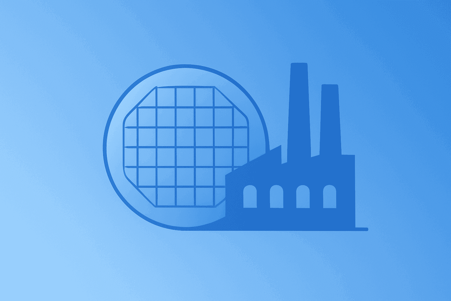 Flat vector of a silicon wafer beside a factory silhouette suggesting Intel SK Hynix talks about U.S. memory and Ohio campus
