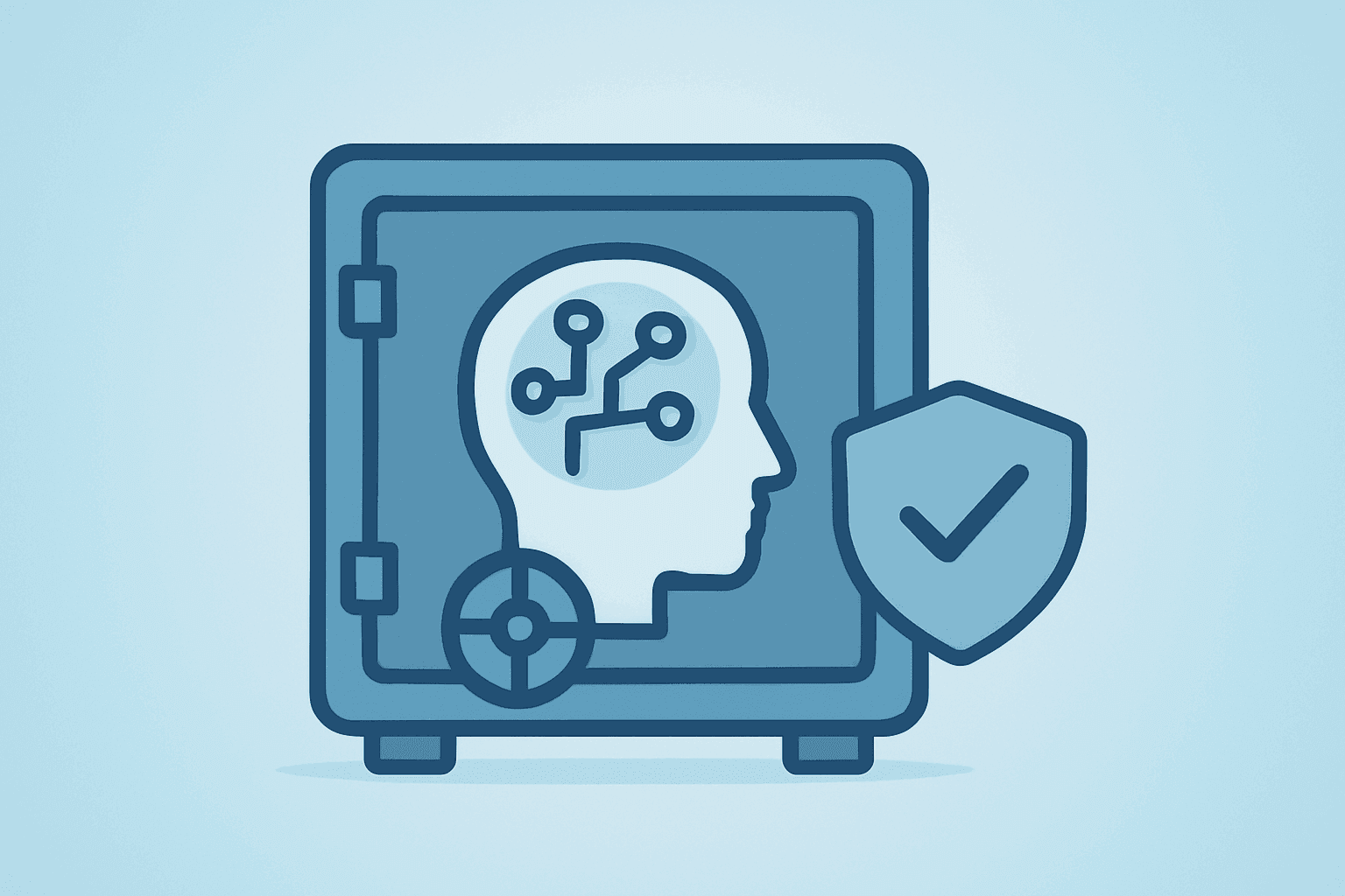 Flat vector of an AI model vault under security review, evoking OpenAI complies with Trump AI order and voluntary review.