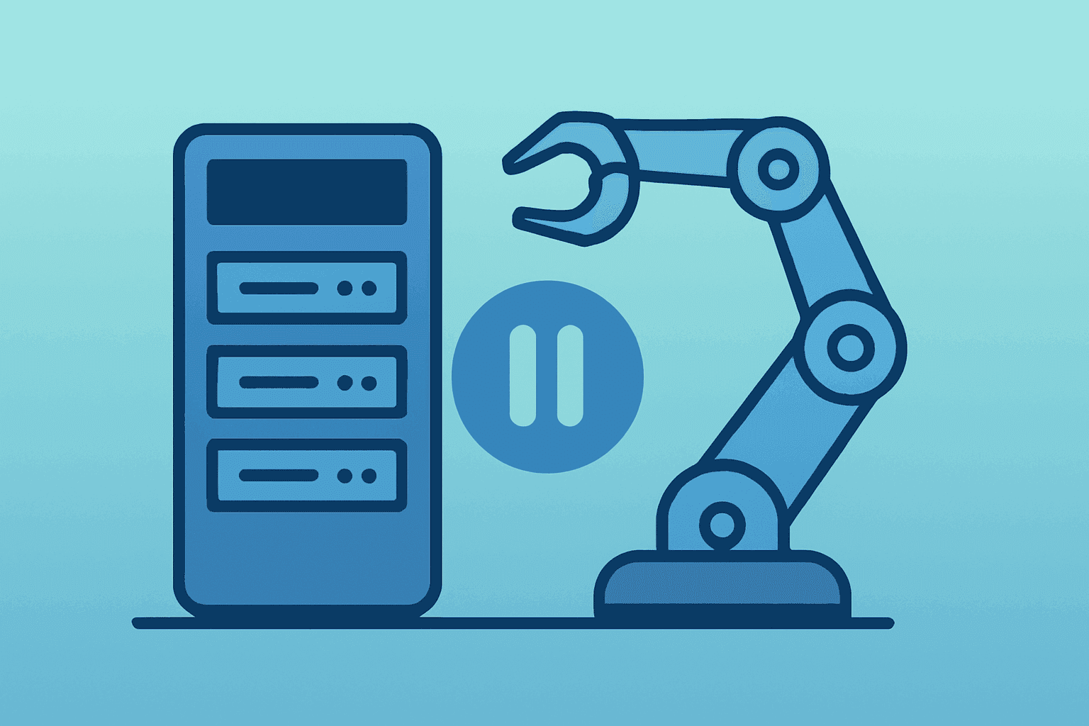 Flat vector of a server module merging with a robotic arm to symbolize SoftBank Roze IPO valuation and timing risk