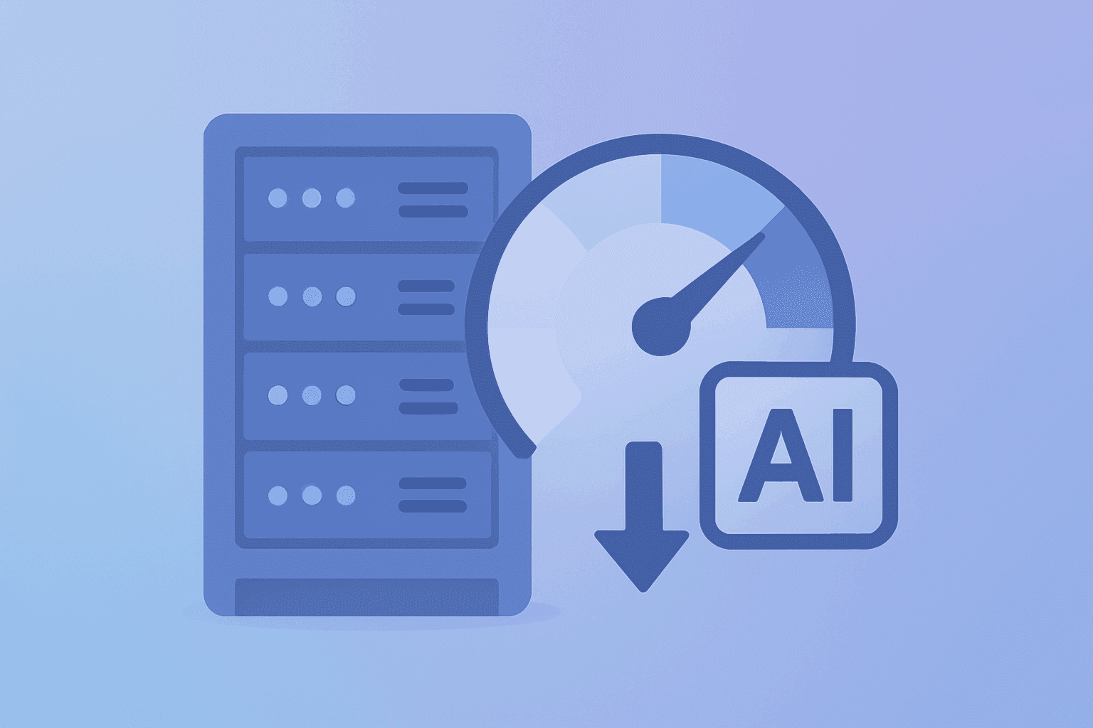 Flat vector server rack and token meter suggesting OpenAI Price Cuts, minimalist gradient background and subtle shadow lift