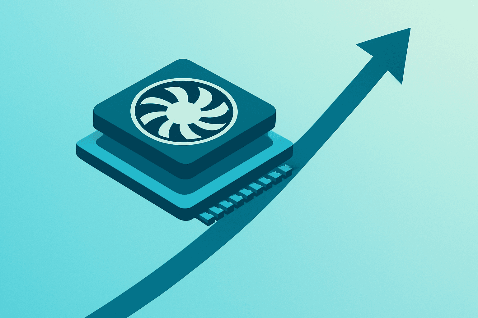 Flat vector of a high-power GPU package ramping production symbolizing TSMC stock capacity expansion and AI demand.