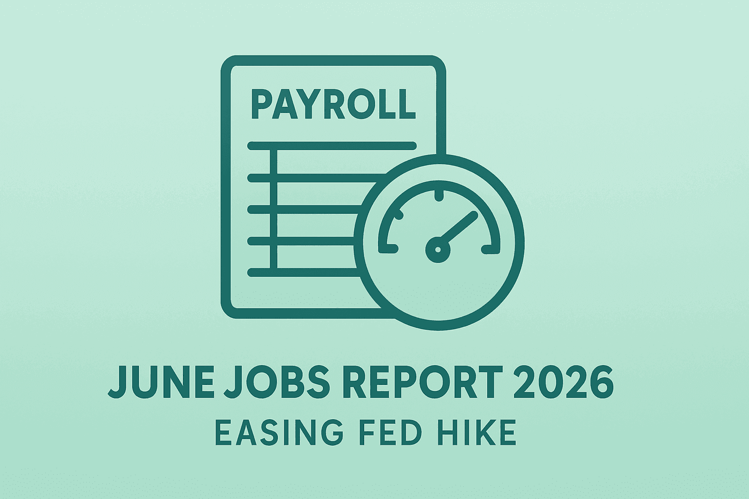 Flat vector of a payroll ledger merging with a cooling gauge to symbolize June Jobs Report 2026 and eased Fed odds.