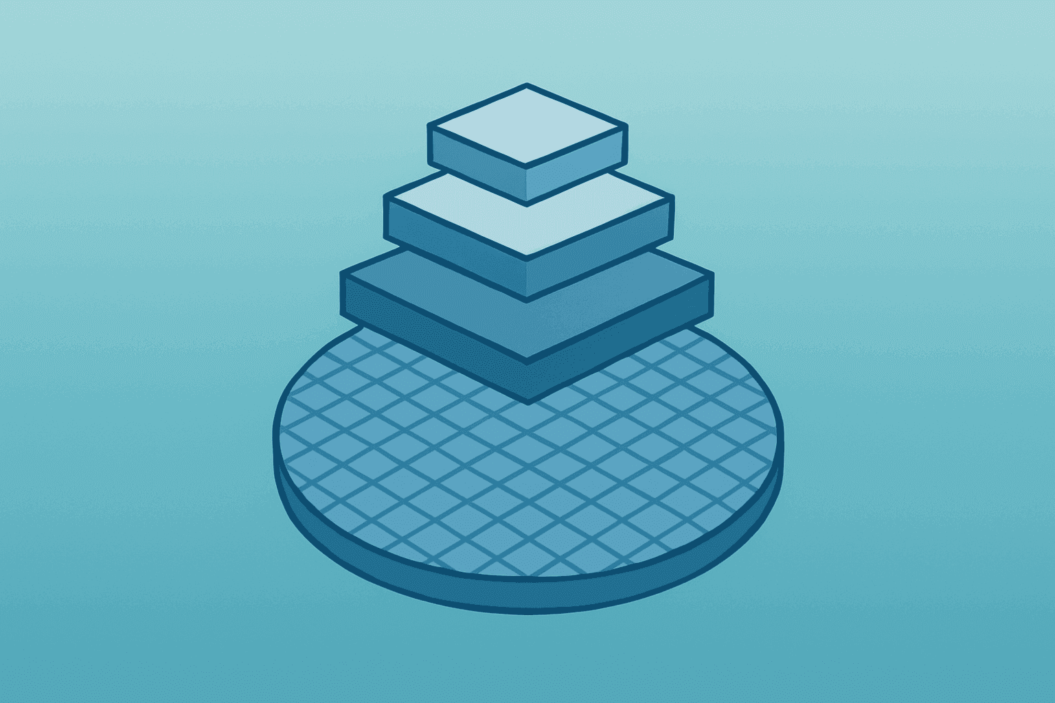 Flat vector wafer and factory icon symbolizing Intel stock offering to fund chip contract manufacturing expansion.