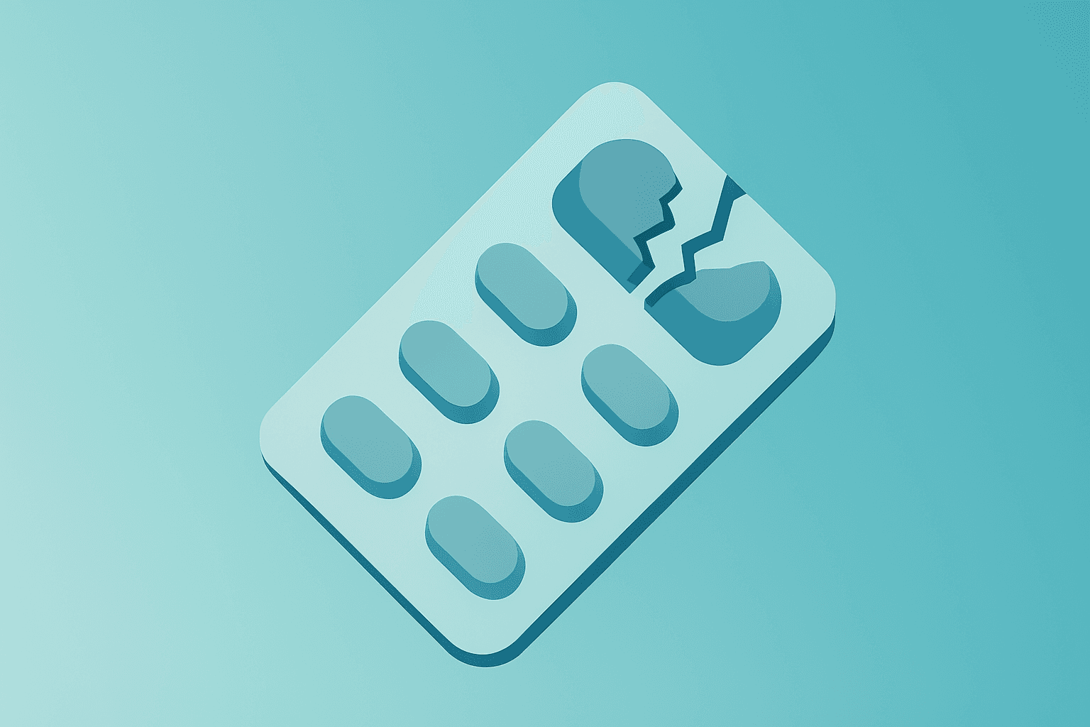 Flat vector of a pill blister pack with a fractured shell to symbolize Lundbeck Bid for Avadel and a contested takeover