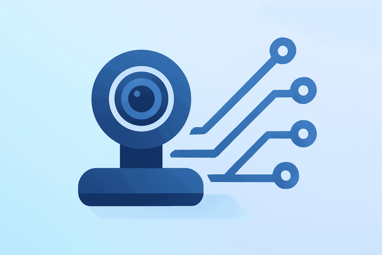 Flat filled vector of a camera fused with an expanding circuit symbolizing Zoom earnings and AI-driven enterprise growth.