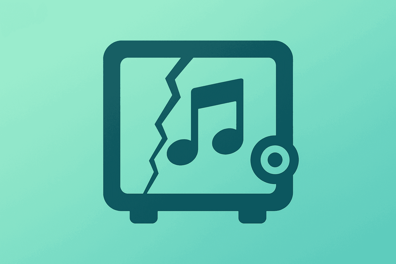 Flat filled vector of a stylized music vault with a repaired seam symbolizing Ackman sells Universal Music stake and buyback