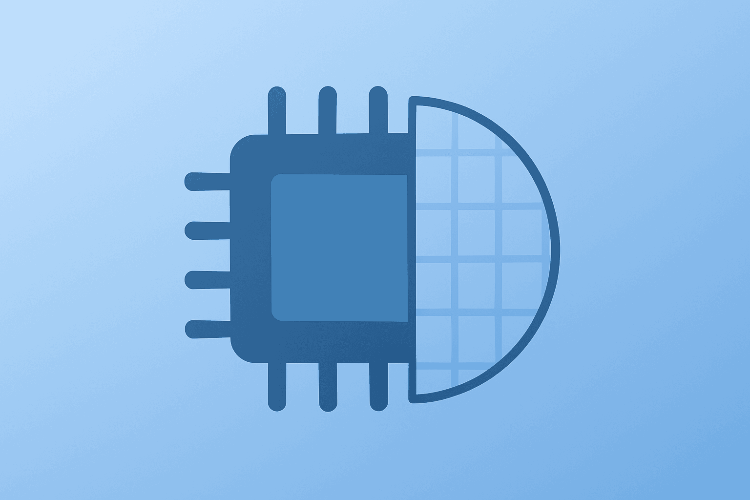 Flat filled vector of a central chip merging into a wafer to represent Apple chip talks and Intel reappraisal.