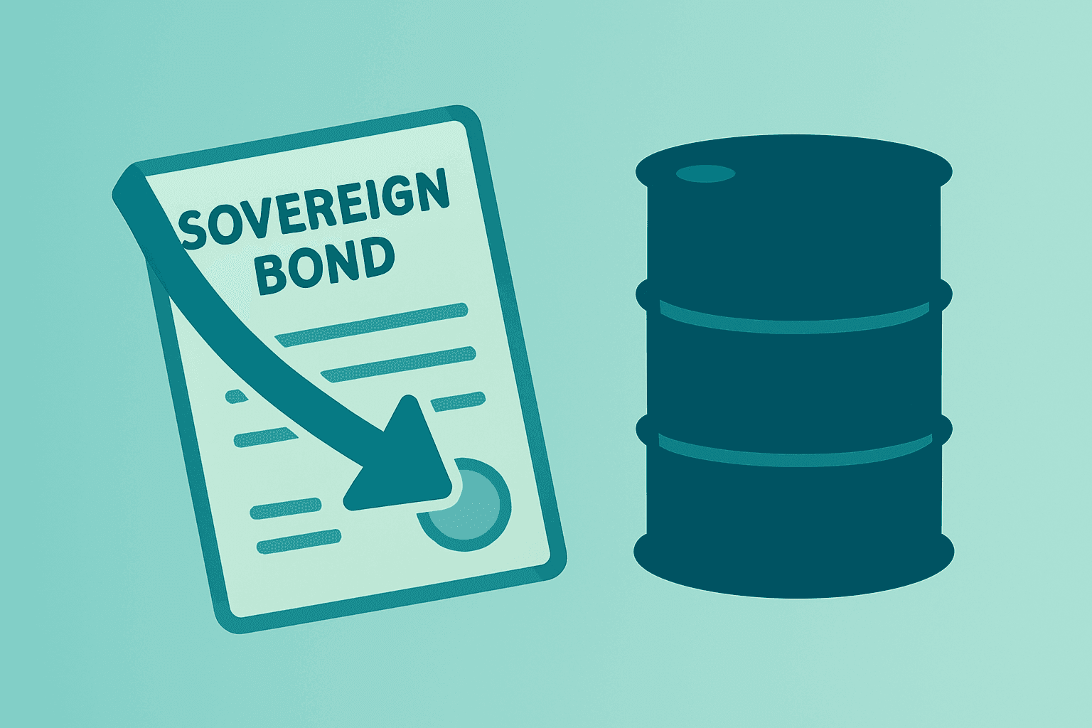 Stylized flat-vector government bond and oil barrel pairing to represent Bond Market Sell-Off pressure.