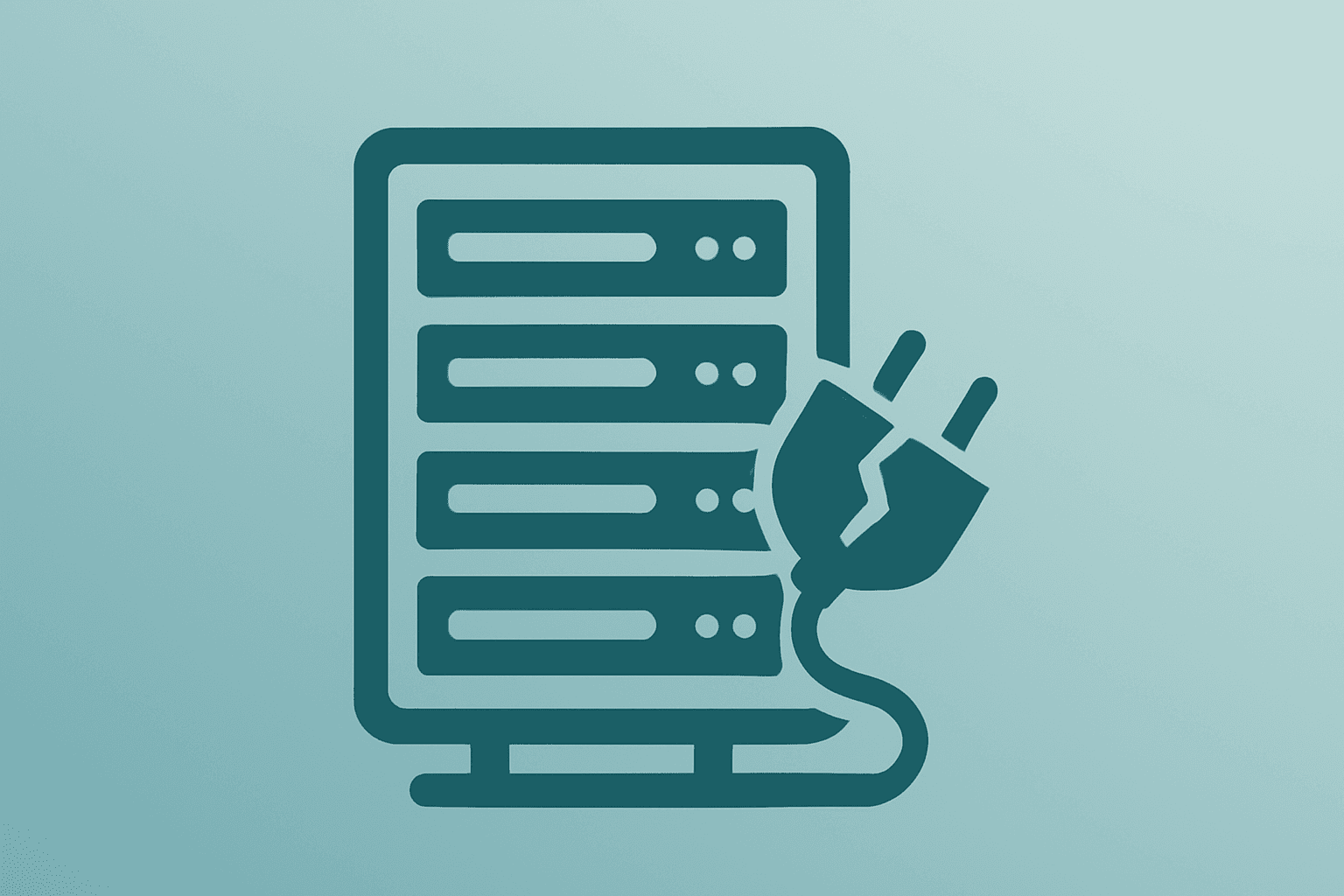 Flat filled vector of a server rack with a fractured power module symbolizing Oracle data center funding uncertainty.
