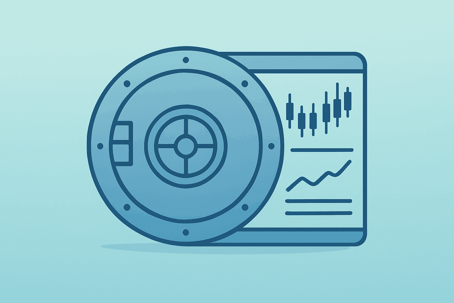 Flat filled vector of a bank vault fused with trading desk elements, evoking Truist Q2 2026 results and fee momentum.
