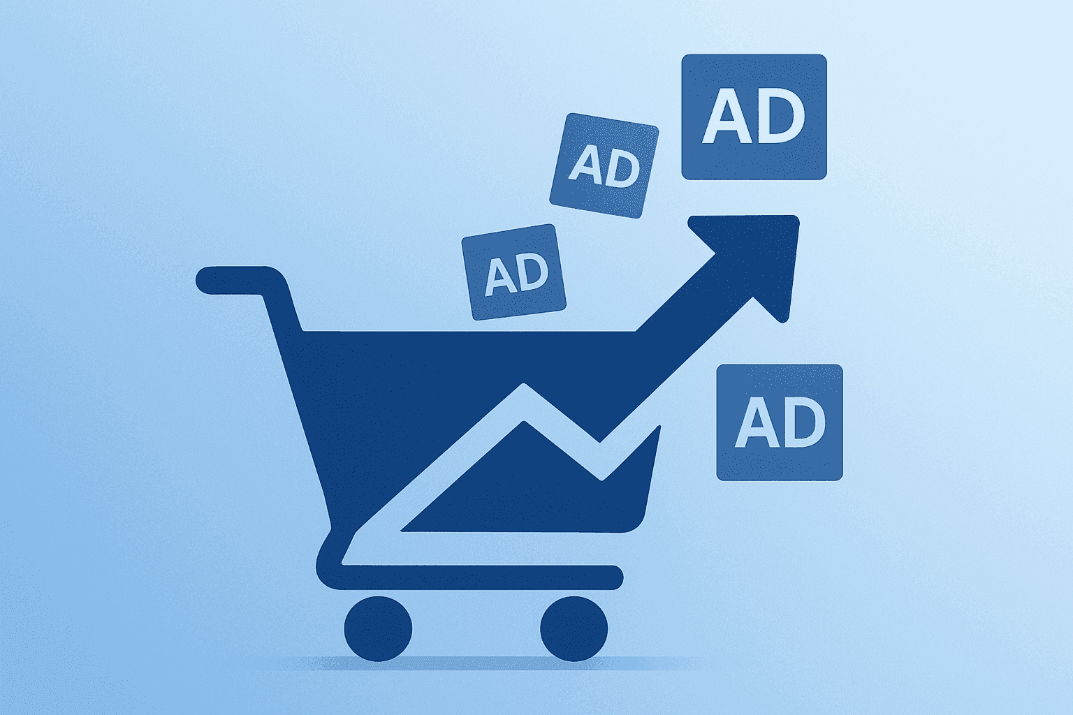 Centered flat vector shopping cart expanding with stylized ad tiles to represent Instacart earnings and ad revenue growth.