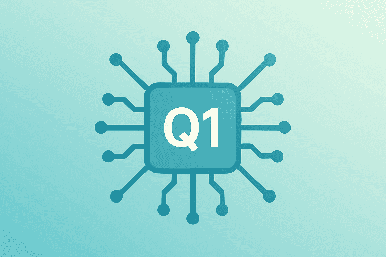 Flat vector of a stylized server chip with expanding circuit motif symbolizing AMD Q1 earnings and data-center AI demand.