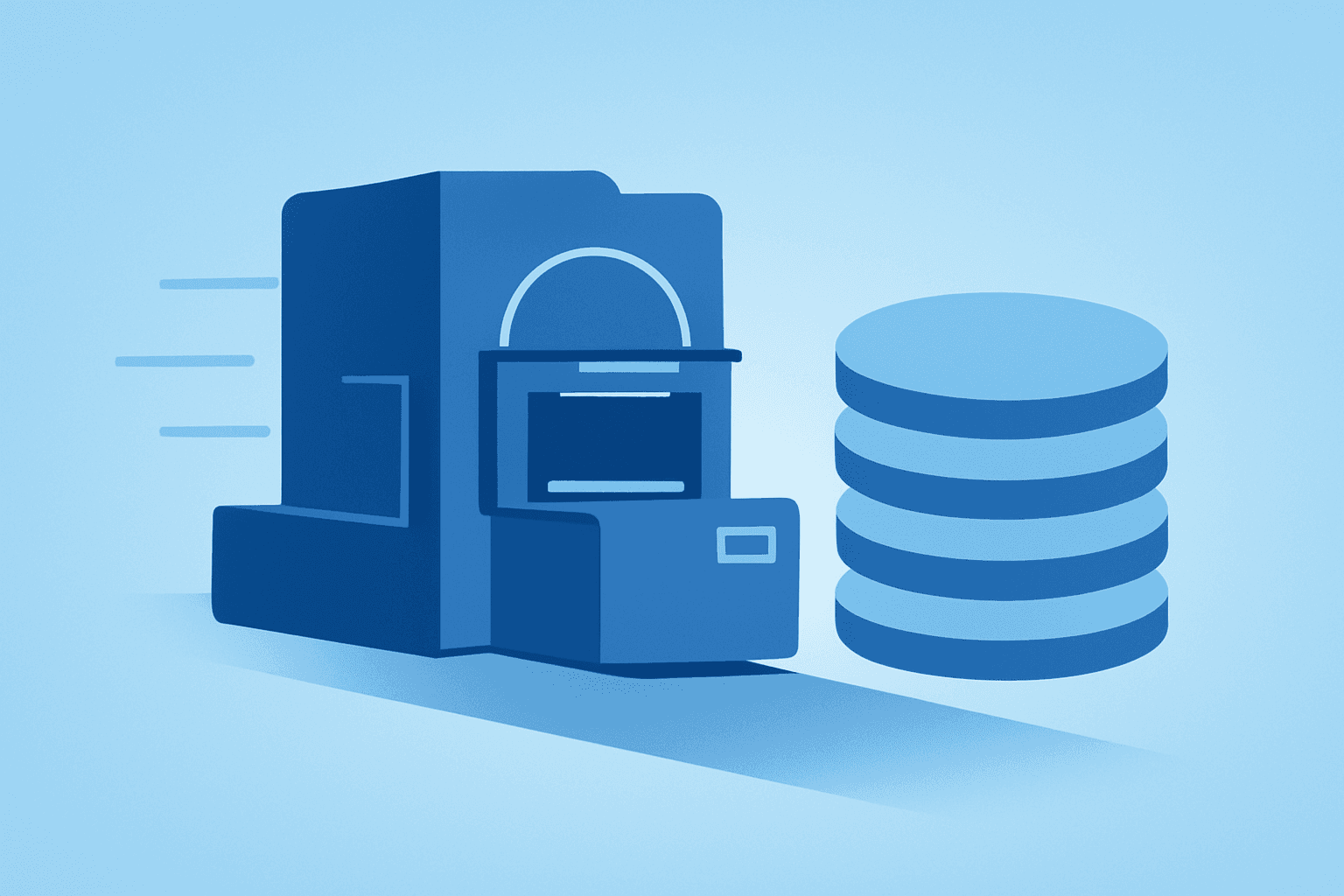 Flat vector of a semiconductor stepper device surging forward to suggest bookings-driven guidance and ASML earnings momentum.