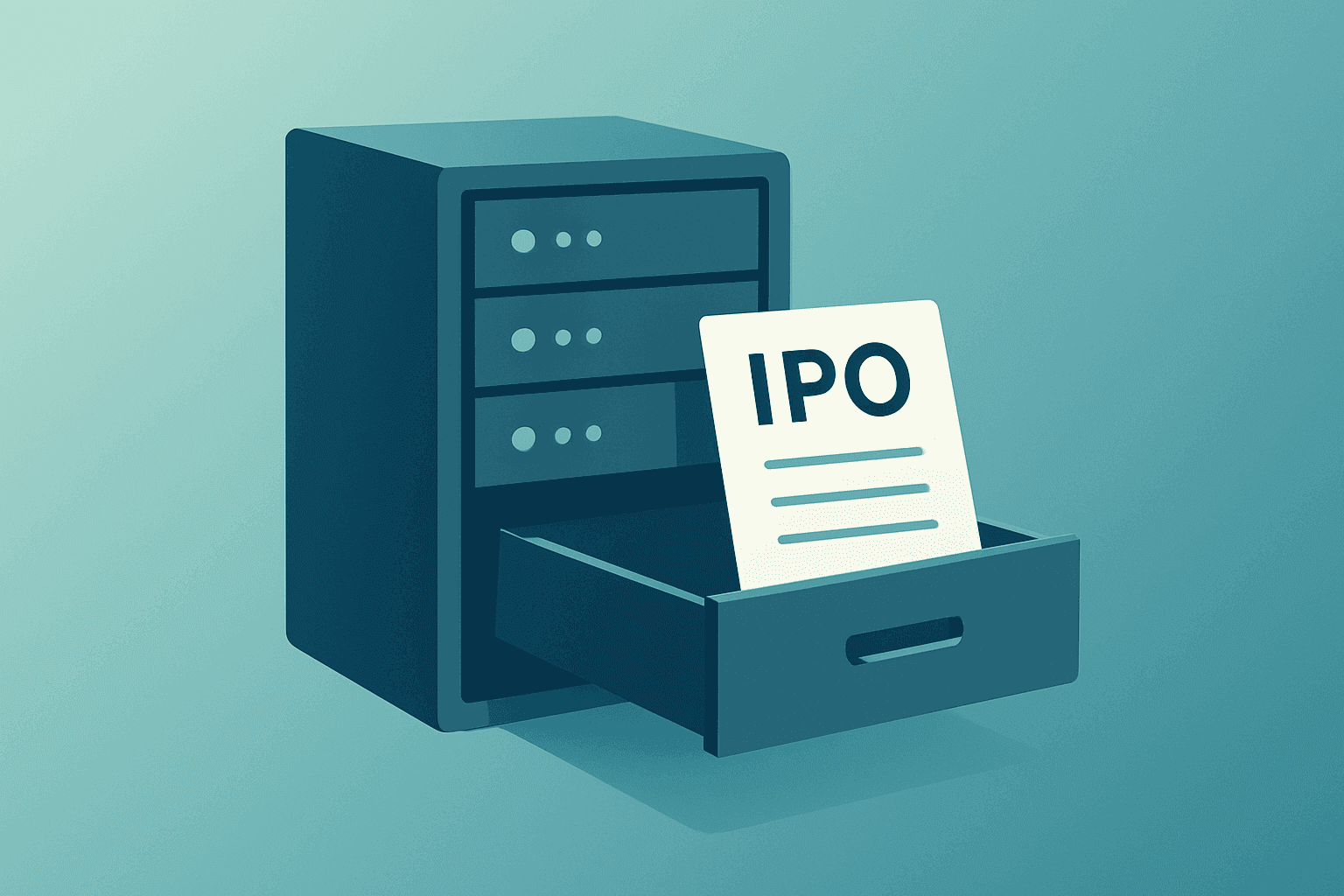 Flat-vector server rack with a sealed drawer opening to symbolize a confidential OpenAI IPO filing and bank adviser roles.