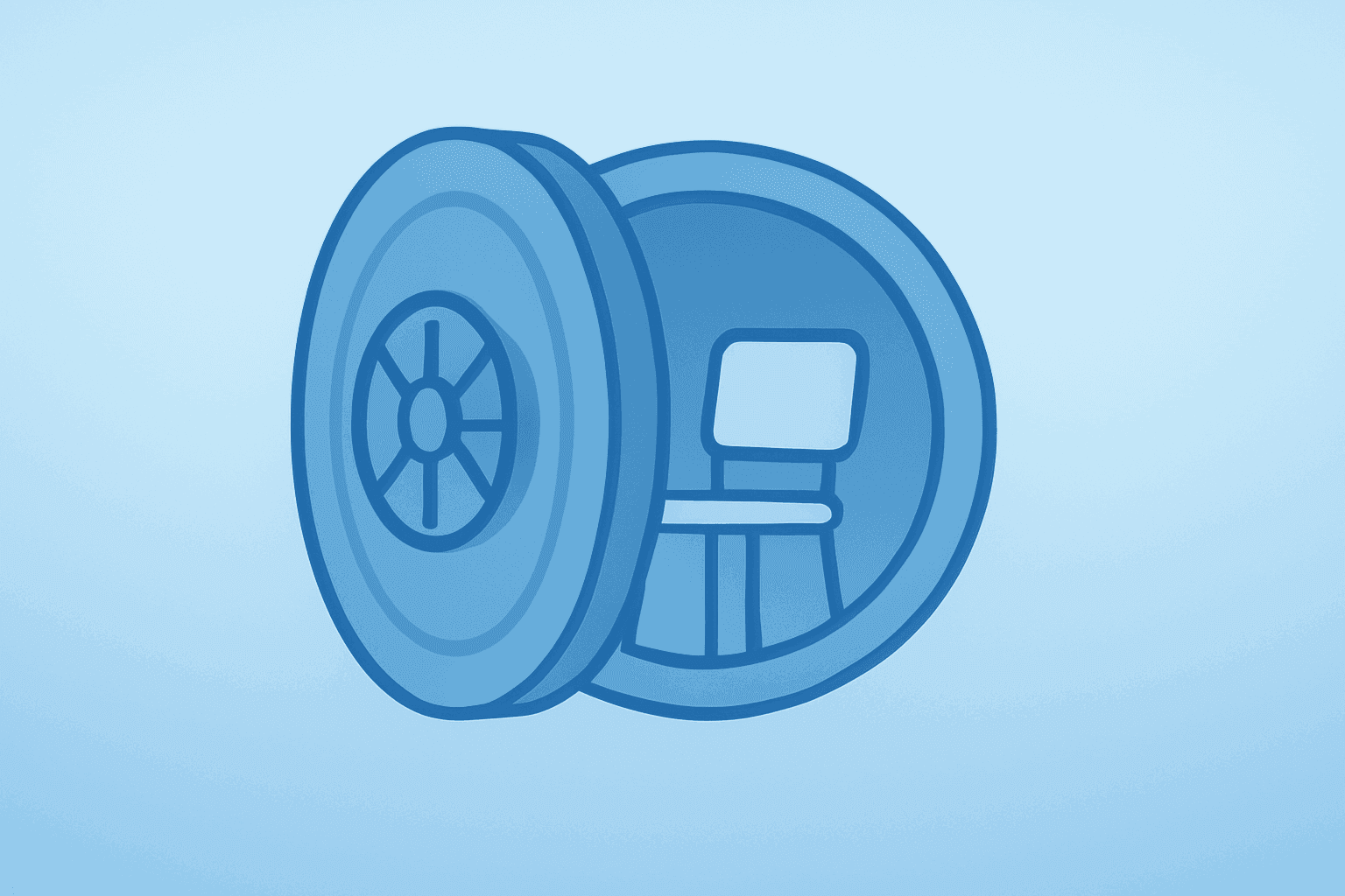 Flat-centered vector of a stylized chair behind an easing vault door, DOJ ends probe of Powell and clears path.