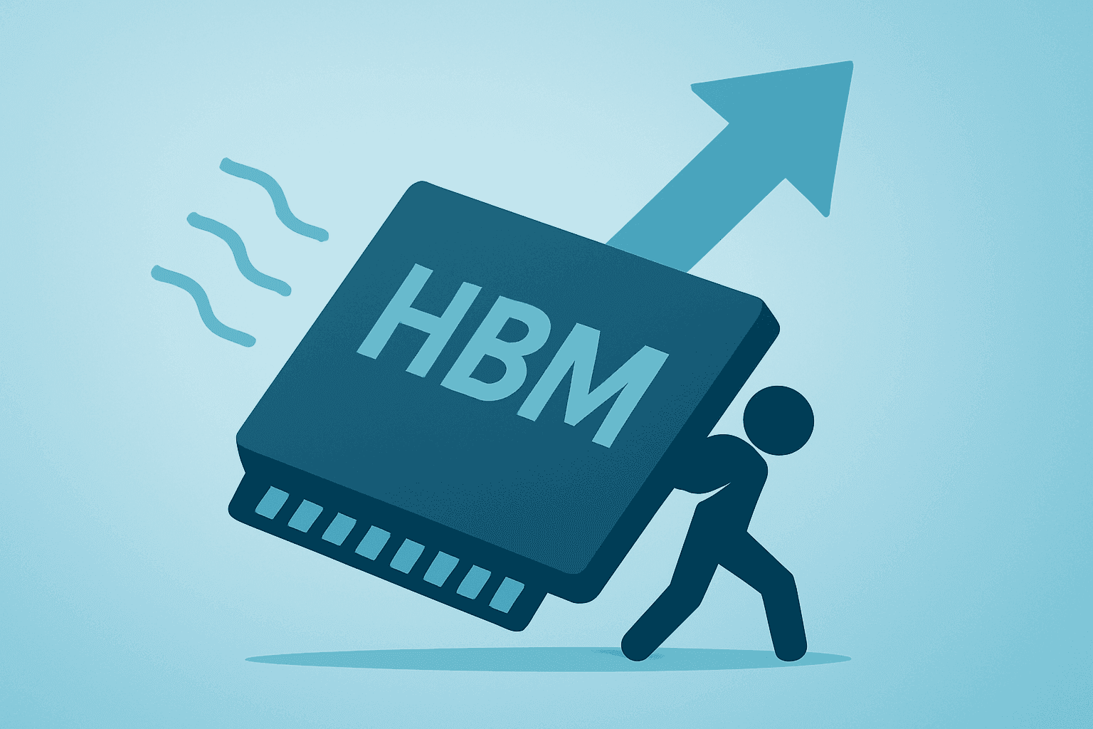Flat filled vector of a memory chip merged with a sold-out tag symbolizing HBM shortage and Micron stock rally.