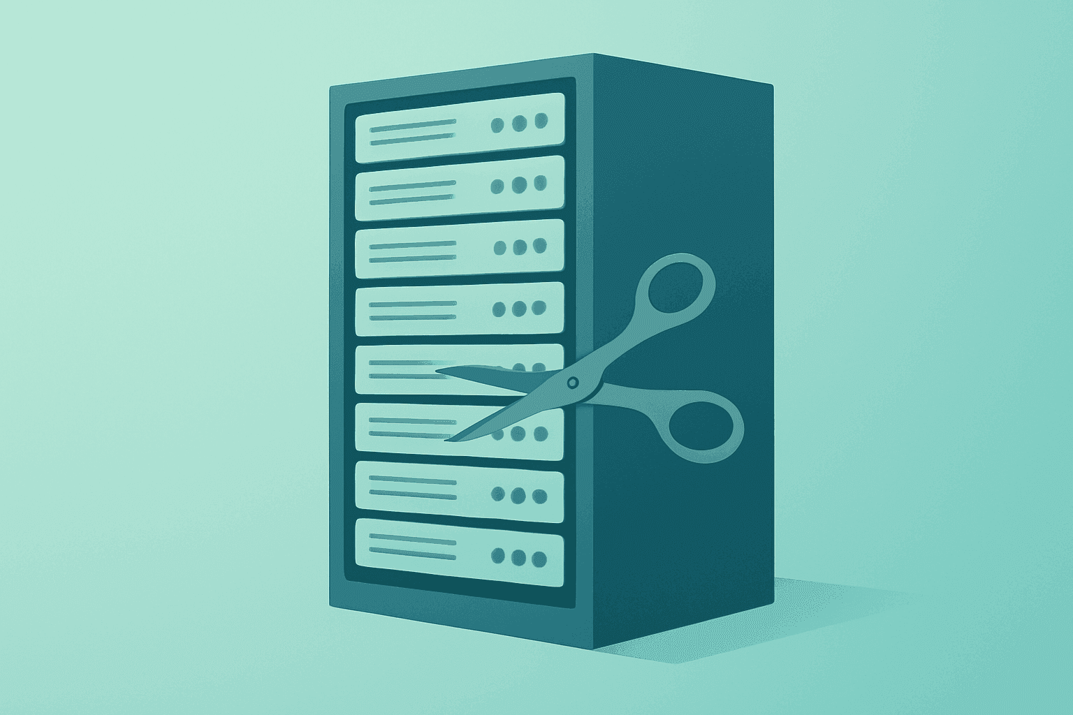 Flat vector server rack narrowing to symbolize Amazon AGI layoffs and a shift toward customer-facing AI.