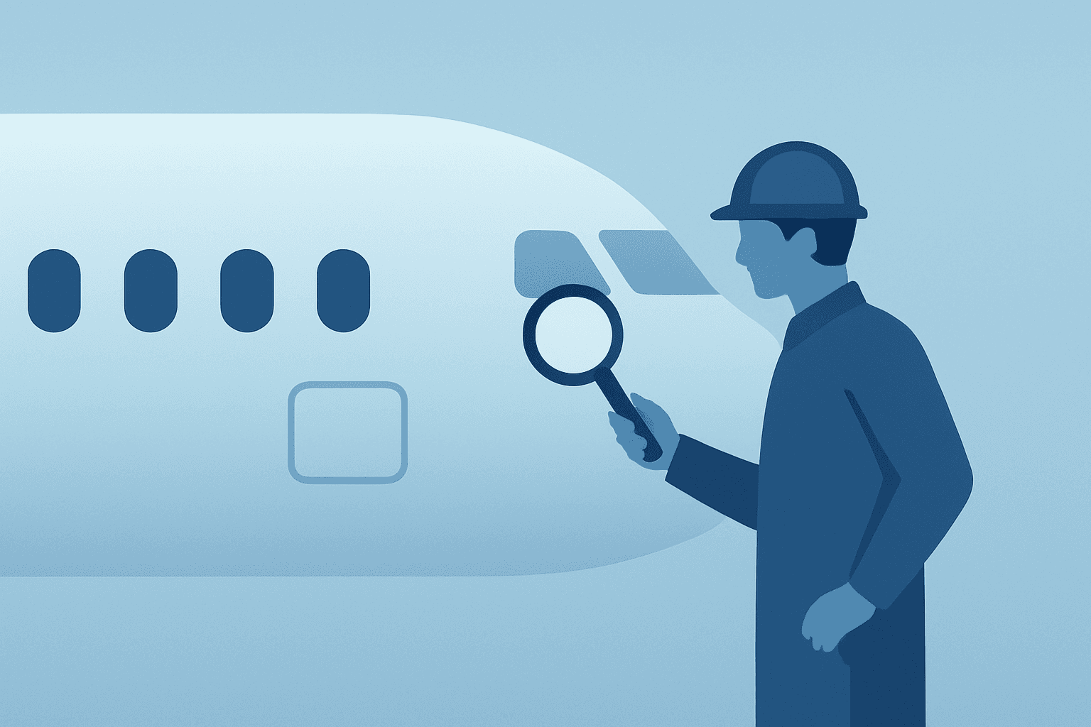 Flat vector of an A320 fuselage panel being inspected, symbolizing Airbus cuts 2025 delivery target and software fixes.