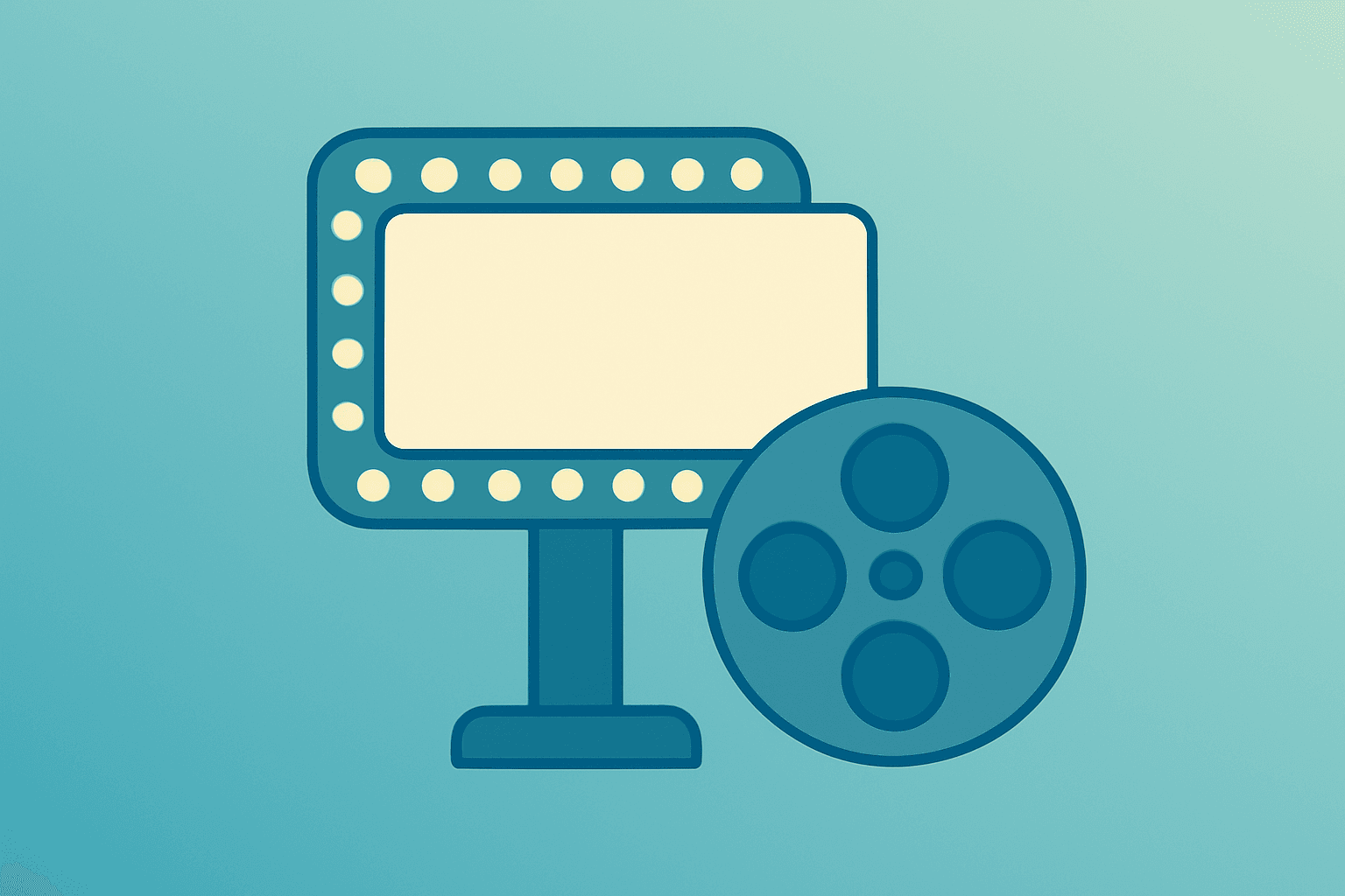 Flat vector of a dimming cinema marquee and split film reel with subtle shadow lift, evoking AMC earnings.