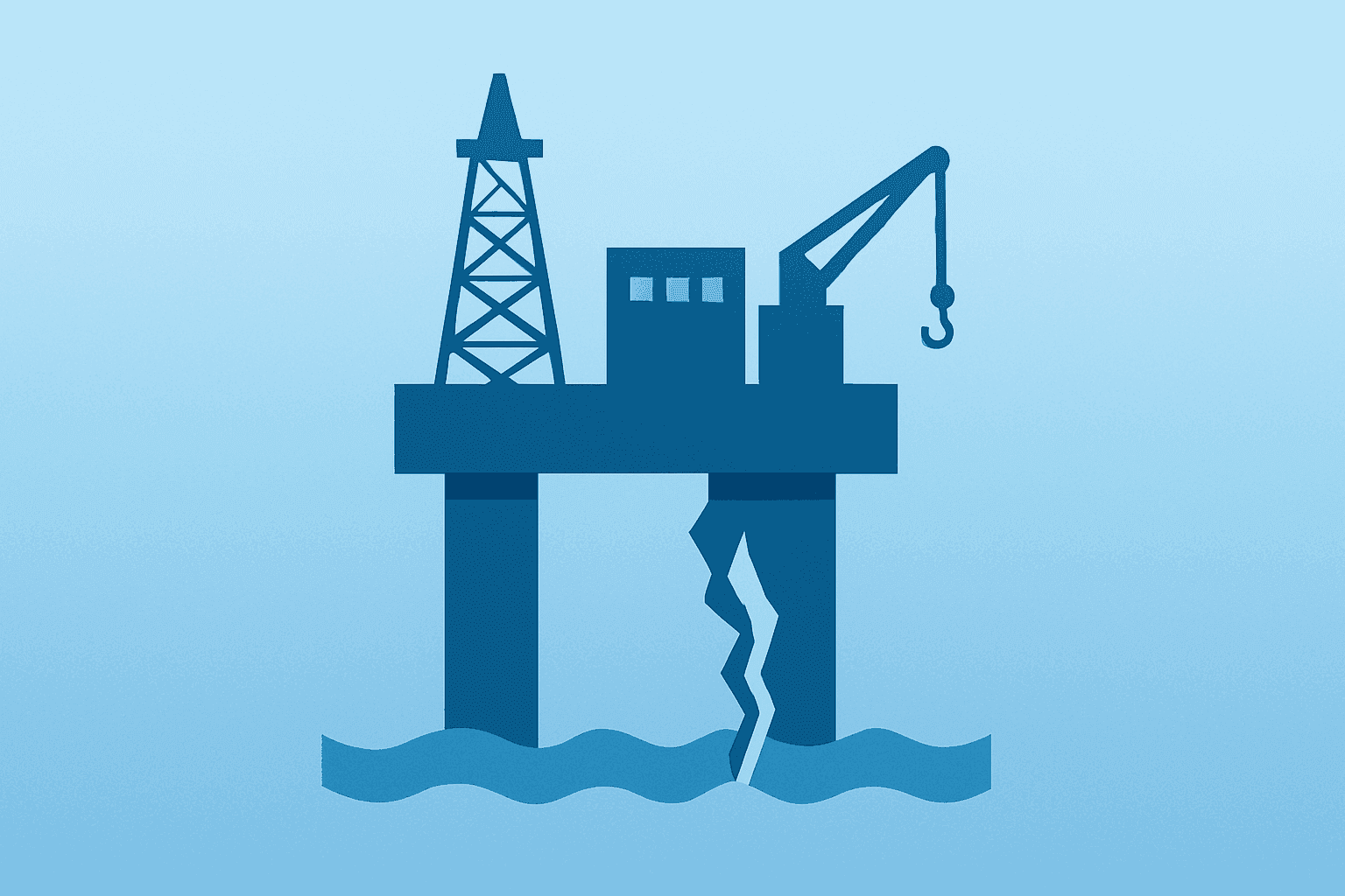 Flat filled vector of an offshore platform with a fractured support symbolizing BP chairman removed and governance shock