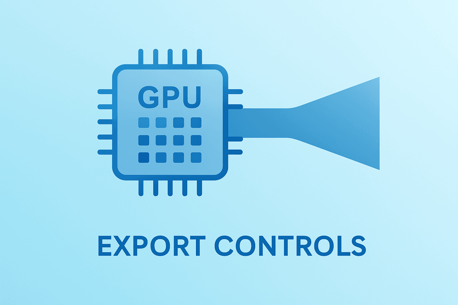 Flat filled vector showing a GPU chip narrowing into a constricted conduit to symbolize Nvidia export controls and supply tightening.