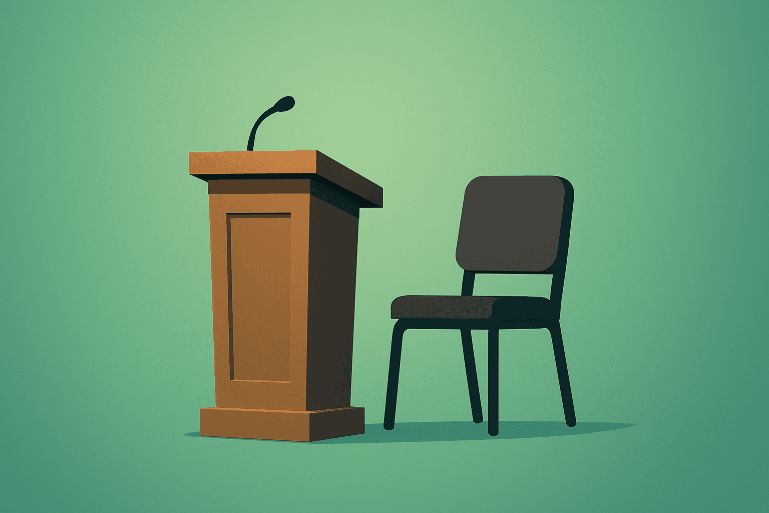 Flat-vector cover of an empty chair and lectern evoking an Atlanta Fed retirement and board-led succession search.