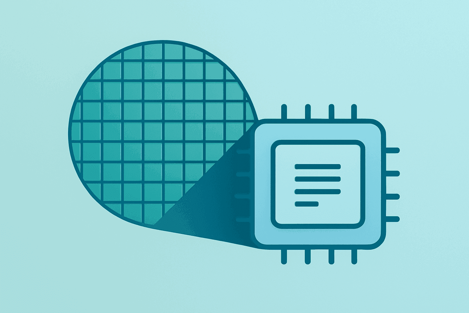 Flat vector semiconductor chip fused with a compute core to represent IonQ 2026 revenue guidance and SkyWater integration.