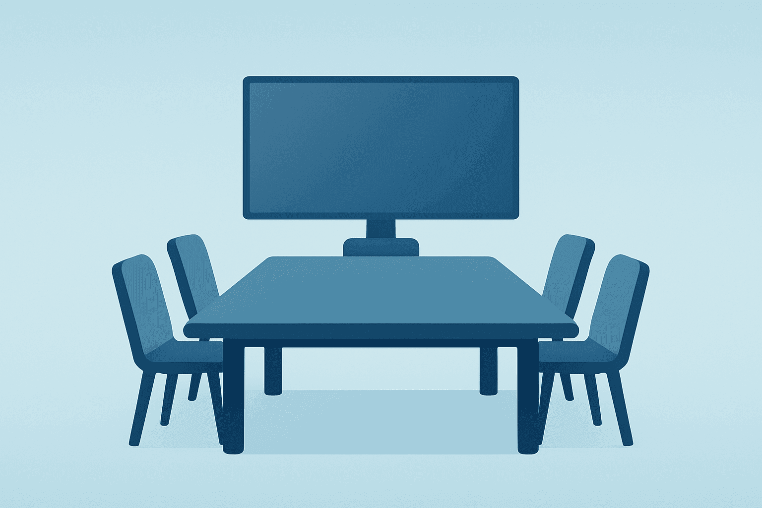 Flat-vector conference-room table with hidden recorder behind a TV, evoking the OpenAI bugging case and detention themes.